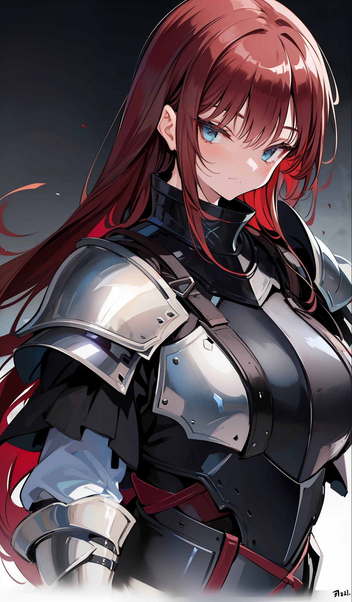 illustratio、(top-quality)、(((​masterpiece)))、(Hi-Res)、Original、(Solo Girl)、A sexy、Thick、Big body、Close up portrait of a person in costume of a knight with a sword, (Red-haired),Dark Souls Armor Concept, Flowing robes and leather armor, Dark Armor, pale black armor, Armor and robes, Character concept art honors, Concept Armor, Medieval concept art, concept art of a warrior, Black Armor, Black Iron Armor, Gray armor, sharp edged black armor, Black Armor