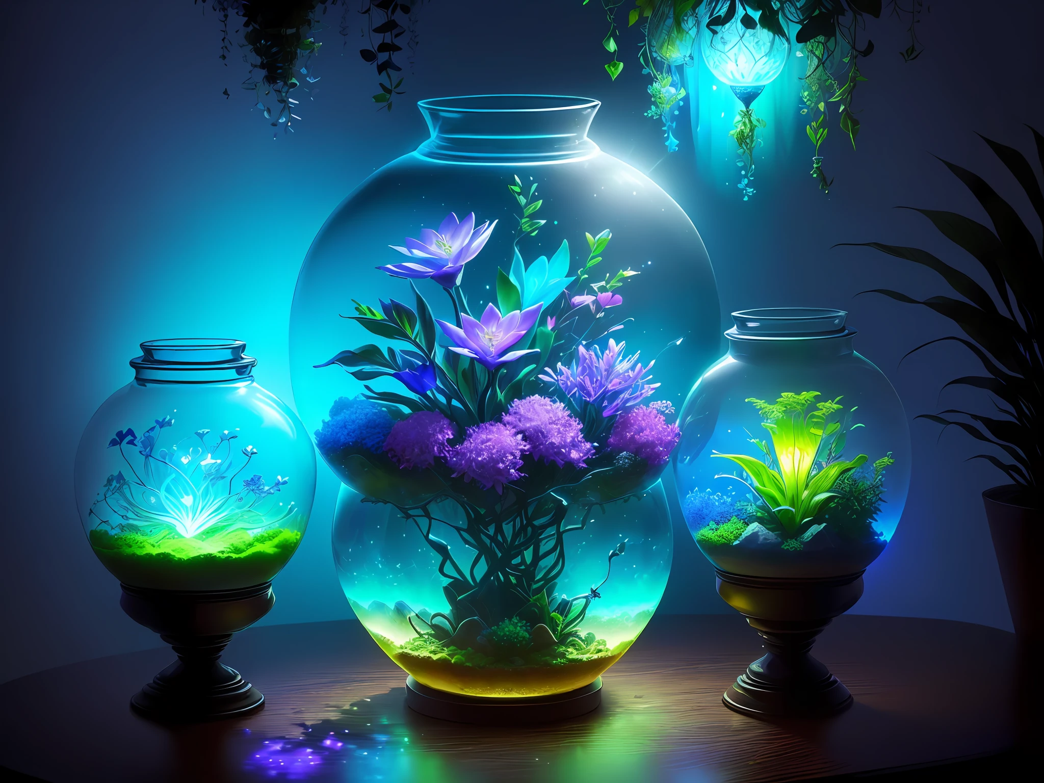 vaso iluminado com flores em uma sala iluminada,  Enchanted Terrarium, cores ricas e brilhantes, magical details, colorful alien flora, pintura digital | intrincado, exotic alien flora