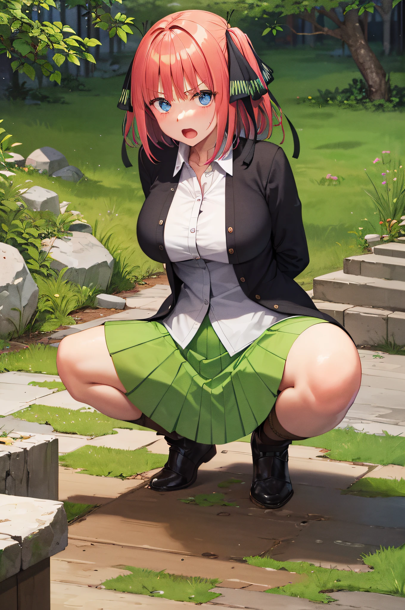 A masterpice, beste-Quality, Hi-Res, nn1, 1girl in, Hair ribbon, short-hair, Green skirt, Camisa blanca, Black cardigan, Open your clothes, long  sleeves, shiny oily skin with high contrast,, huge long breasts, Naughty big、Big breasts emphasis、H-cup、独奏、(Bound arms、arms behind back、ropes、Bound Legs:1.2)、squatting down、Hi-Def、beste-Quality、looking at the viewers、angry、open mouth with、chalet