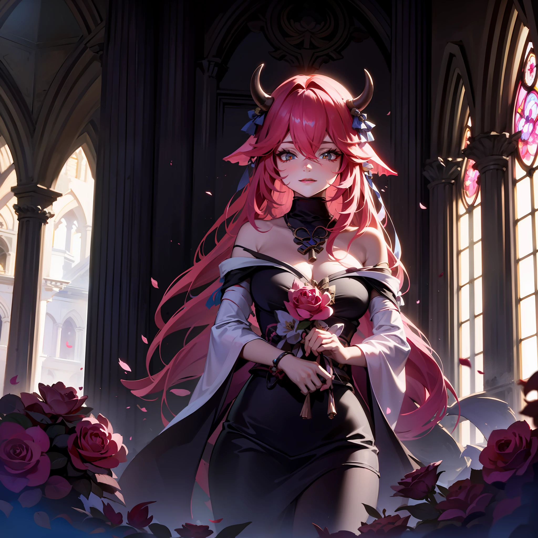A female demon with cat ears, Elf ears and black demon horn, ((orelhas de elfo)), ((demon horn)), (orelhas de gato)), cabelo cor-de-rosa extremamente longo, ((Cabelo cor-de-rosa)), White eyes of the demon, ((olhos brancos)), vestido de gala preto longo volumoso e lindo, Gothic cathedral abandoned and destroyed, with corvus and roses scattered on the walls, glass and objects