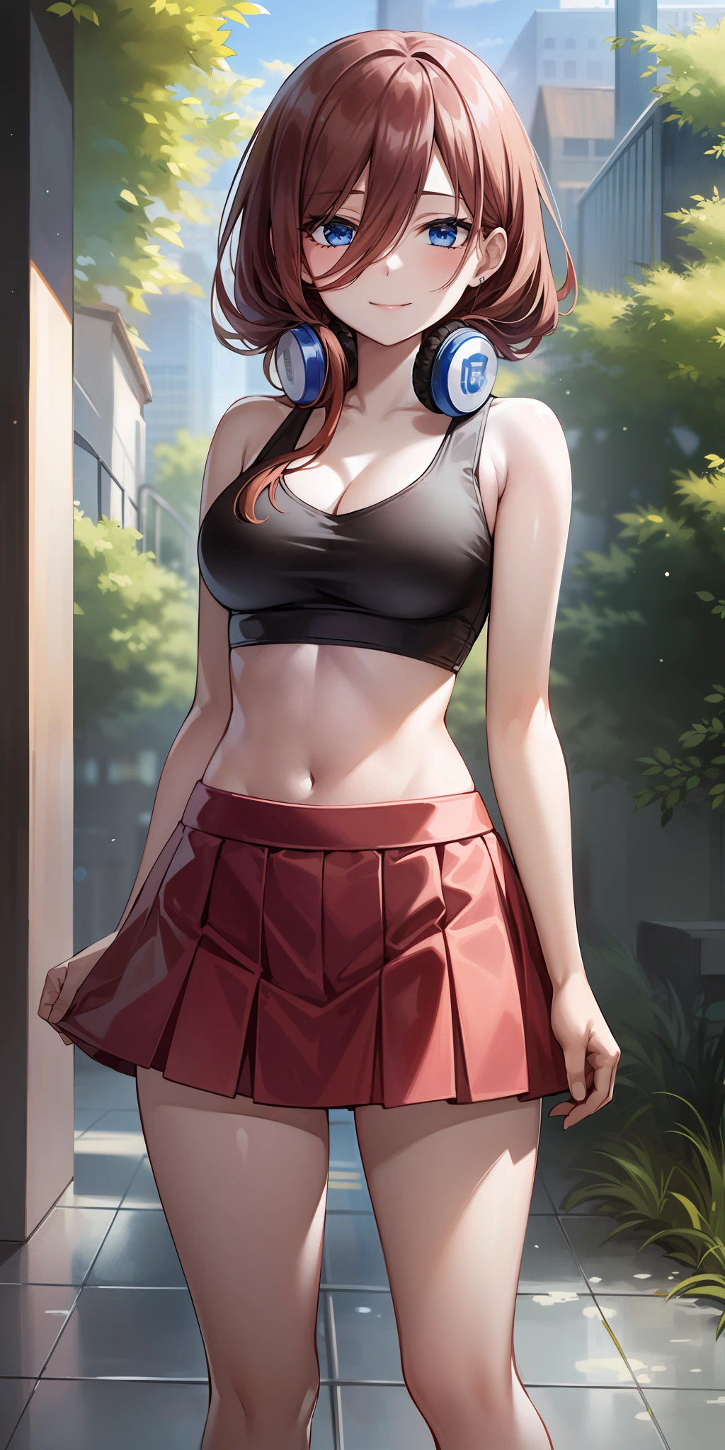 2d, masterpiece, best quality, anime, highly detailed, 1girl, solo, cowboy shot, nakano miku, brown hair, hair between eyes, , headphones, Crop top , cleavage , skirt, miniskirt, medium breasts, standing, , outdoors, smile