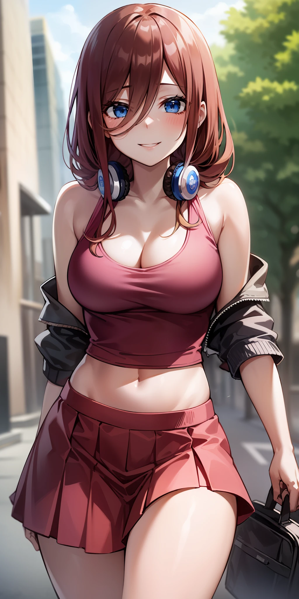 2d, masterpiece, best quality, anime, highly detailed, 1girl, solo, cowboy shot, nakano miku, brown hair, hair between eyes, , headphones, Crop top , cleavage ,  skirt, miniskirt, medium breasts, standing, , outdoors, smile