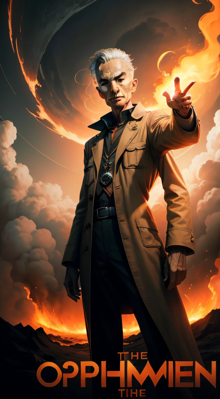 Draw a poster of Oppenheimer standing and seeing the atomic bomb. He raises his hand and on top title is written with the font of fire and fog: Oppenheimer, the world changer. The art should have a 90s vibe.