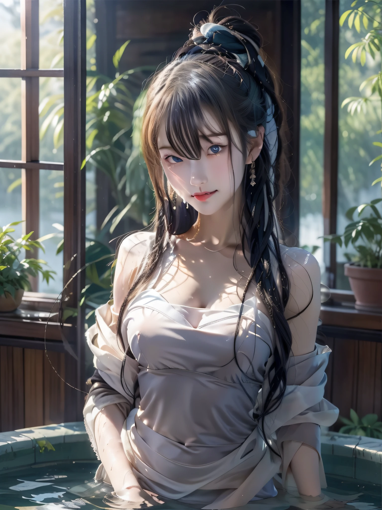 More_Details：1，Glossy glossy skin，Akira_Allen_world_End，black_Hair，eBlue eyes，pony tails，By bangs，long whitr hair，1girll，NSFW，best qualtiy，tmasterpiece，1girll，独奏，young ，nabel，，areola of breast，big cleavage breasts，White skin of the，Slim，Slim，Allen_Akira_world_End，black_Hair，eBlue eyes，pony tails，By bangs，long whitr hair，looking at viewert，seduct smile， parted lip， Be red in the face， arms behind  head， Arms up， Half submerged in the tub， Semi-immersed in water， Rochas， A plant， ln the forest， steamy， In the daytime， rays of sunshine， The light from the back window is backlighted， lightand shade contrast