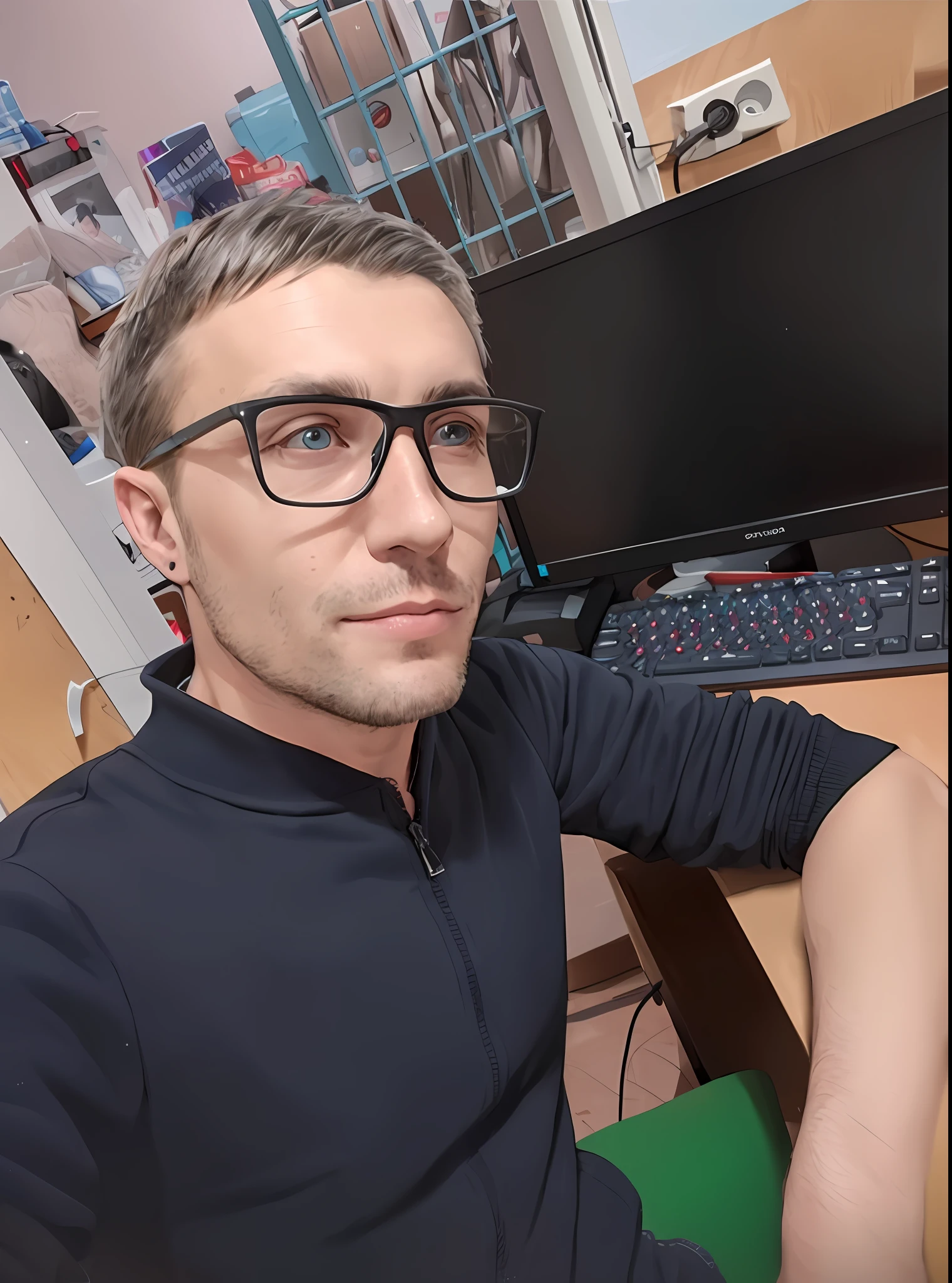 A man sits at a table with a computer and a keyboard, anton fadeev 8 k, in the office, in front of a computer, selfie photography 8k, andrei riabovitchevy, with boring glasses and a goatee, MSXOTTO, andrey surnov, very accurate photo, twitch streamer / gamer ludwig