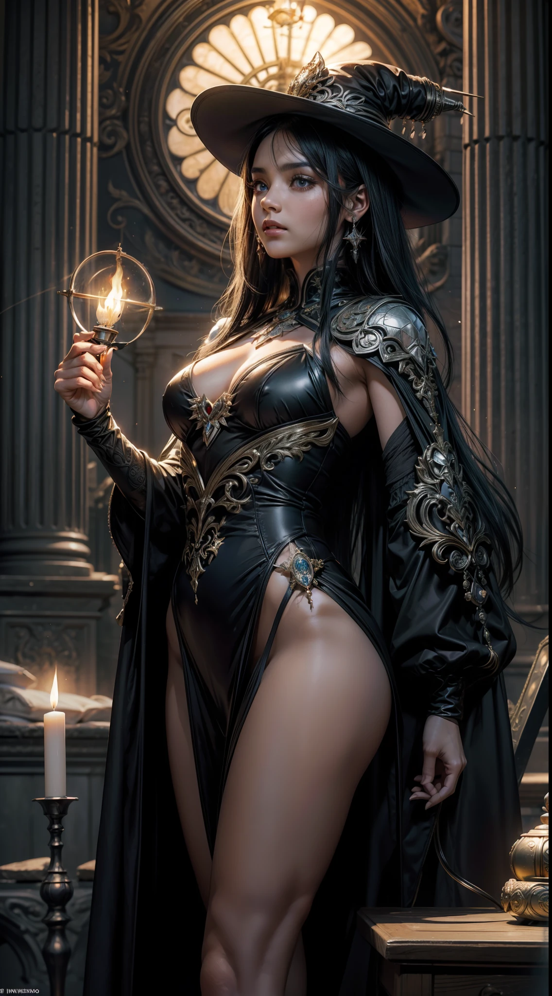 ((obra-prima)), (((melhor qualidade))), ((Ultra Detalhado)), (Awesome: 1.1), ((papel de parede extremamente detalhado da unidade CG 8k)), (8k, Foto RAW, melhor qualidade, obra-prima: 1.2), (realista, Foto realista: 1.4), (renderizado: 1.4), (renderizado: 1.4), Ultra realismo, high-resolution, NVIDIA RTX Ray Tracing, octane render, imagem de corpo inteiro, 1 garota linda, olhando para o espectador, Maga reading a great grimoire of magic in an ancient library in a medieval stone brick tower, Her hair is long and black with shine, wearing a big wizard hat, His eyes are large and blue and well detailed, ela usa vestes escuras negras e azuis estampadas com estrelas prateadas e luas crescentes brilhantes, wand of condon in one of his hands, leve sorriso, rosto detalhado, biting lips, sexual excitement, sexual expression, corpo voluptuoso, thick legs with well-defined muscles, quadris largos, cintura fina, well-defined abdomen, seios grandes e empinados, mamilos protuberantes pontudos, pele parda com leve brilho de suor, estantes de livros antigos ao fundo, room is slightly dark, lighting by chandeliers and torches on the walls, slight haze of smoke comes out of candles and torches, Magical crystal ball with purple luminescent aura and purple rays on an ancient wooden table in the background, grandes janelas em arco, Deeply dark night through the windows, very starry dark sky, estrelas cadentes, grande lua semicoberta por nuvens, raios de luz da lua, diffuse lighting, fantasia, intrincado, dinamic angle, diffuse lighting, fantasia, intrincado, elegante, altamente detalhado, realista, fotorrealista, art-station, arte conceitual, smooth and sharp focus, circunstanciado, intrincado, Foto premiada, BLN-L24, exposure, Alto contraste, 8k 3D, cinematic lighthing.