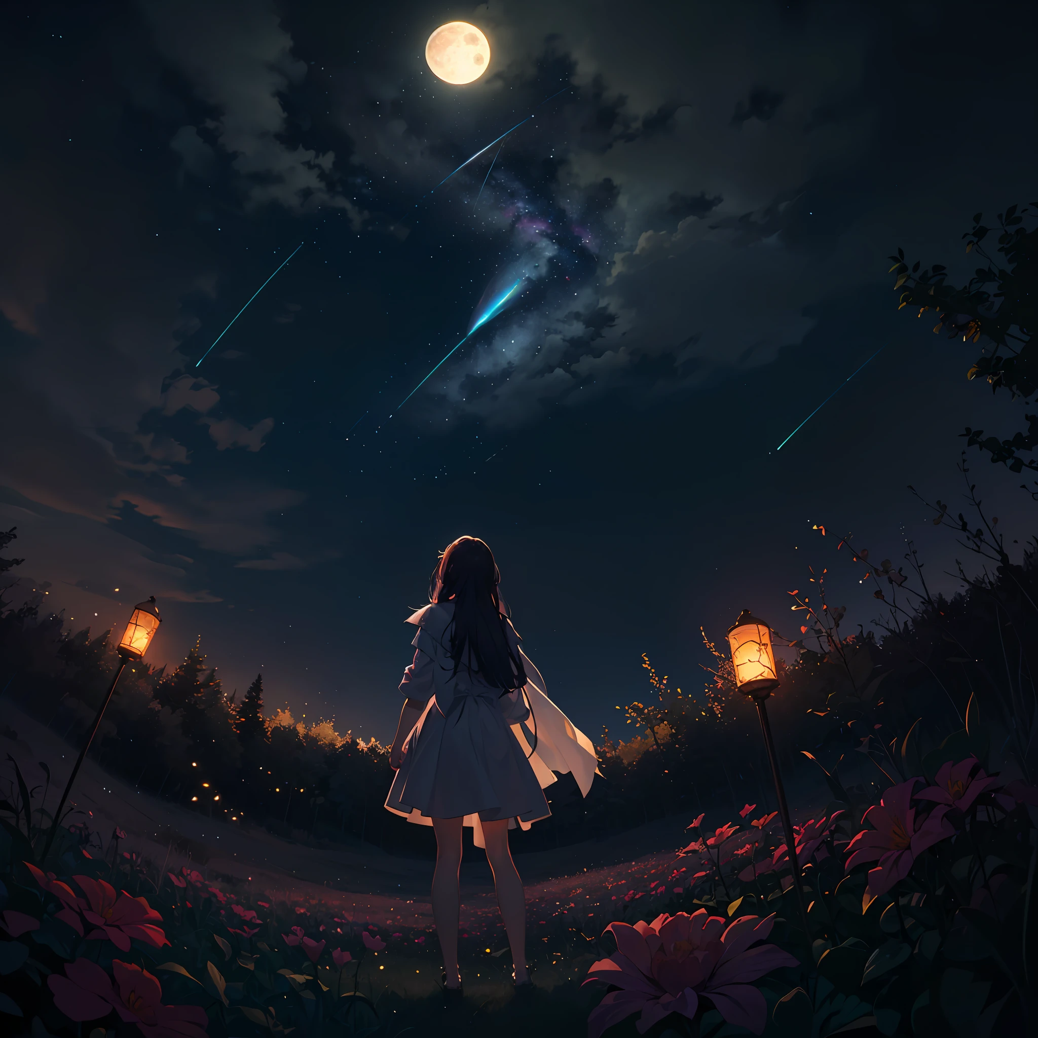 Vast landscape photo, (viewed from below, the sky is above and the open field is below), a girl standing on a flower field looking up, (full moon: 1.2), (meteor: 0.9), (nebula: 1.3), distant mountains , Trees BREAK Crafting Art, (Warm Light: 1.2), (Fireflies: 1.2), Lights, Lots of Purple and Orange, Intricate Details, Volumetric Lighting, Realism BREAK (Masterpiece: 1.2), (Best Quality), 4k, Ultra-Detailed, (Dynamic Composition: 1.4), Very Detailed, Colorful Details, (Rainbow Colors: 1.2), (Glow Lighting, Atmospheric Lighting), Dreamy, Magical, (Solo: 1.2) --auto