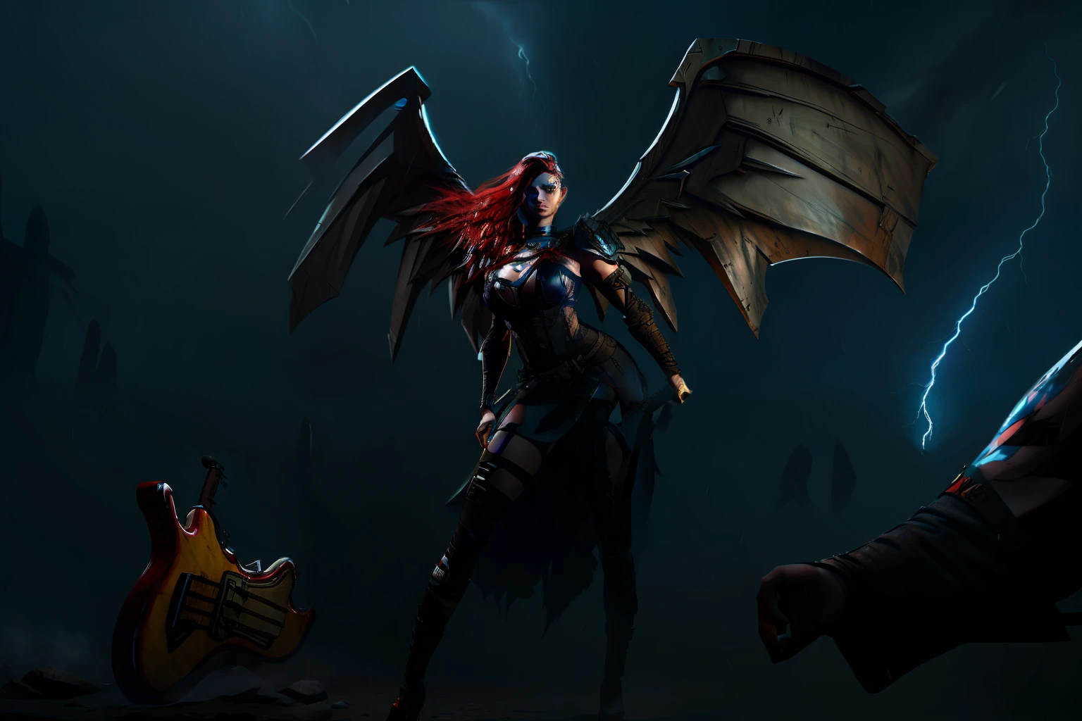 fallen angel Viking woman, berserk, with huge wings, viking clothing, red eyes, White hair, dynamic pose, (with electric guitar, rock guitar in the form of an axe), thunder, red lightning, storm, rain, microparticles, body in runes, dark fantasy, death metal, vampire aura, scandinavian runes, blood splashes,Cel-shaded, detailed, Arcane Animated Series Style, borderlands game style