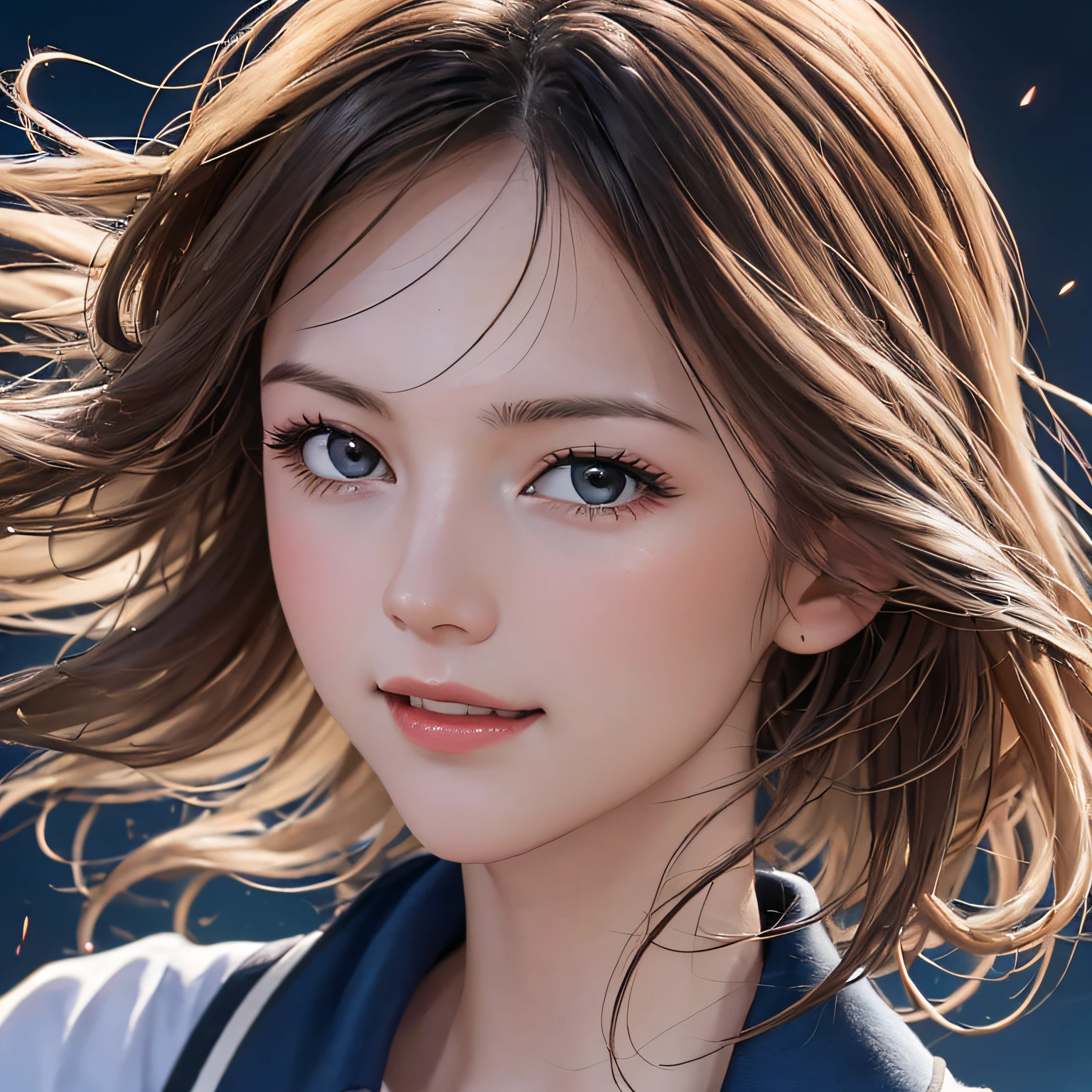 (8K, RAW Photos, of the highest quality, Masterpieces: 1.2), (Realistic, Photorealistic: 1.37), Highest Quality, Ultra High Resolution, light leaks, Dynamic lighting, Slim and smooth skin, (Full body:1.3), (Soft Saturation: 1.6), (Fair skin: 1.2), (Glossy skin: 1.1), Oiled skin, 22 years old, Night, shiny white blonde, Well-formed, Hair fluttering in the wind, Close-up shot of face only, Physically Based Rendering, From multiple angles, A big smile, School uniform, Beige vest, thunderstorm, The Flash, Put the bottom out a little