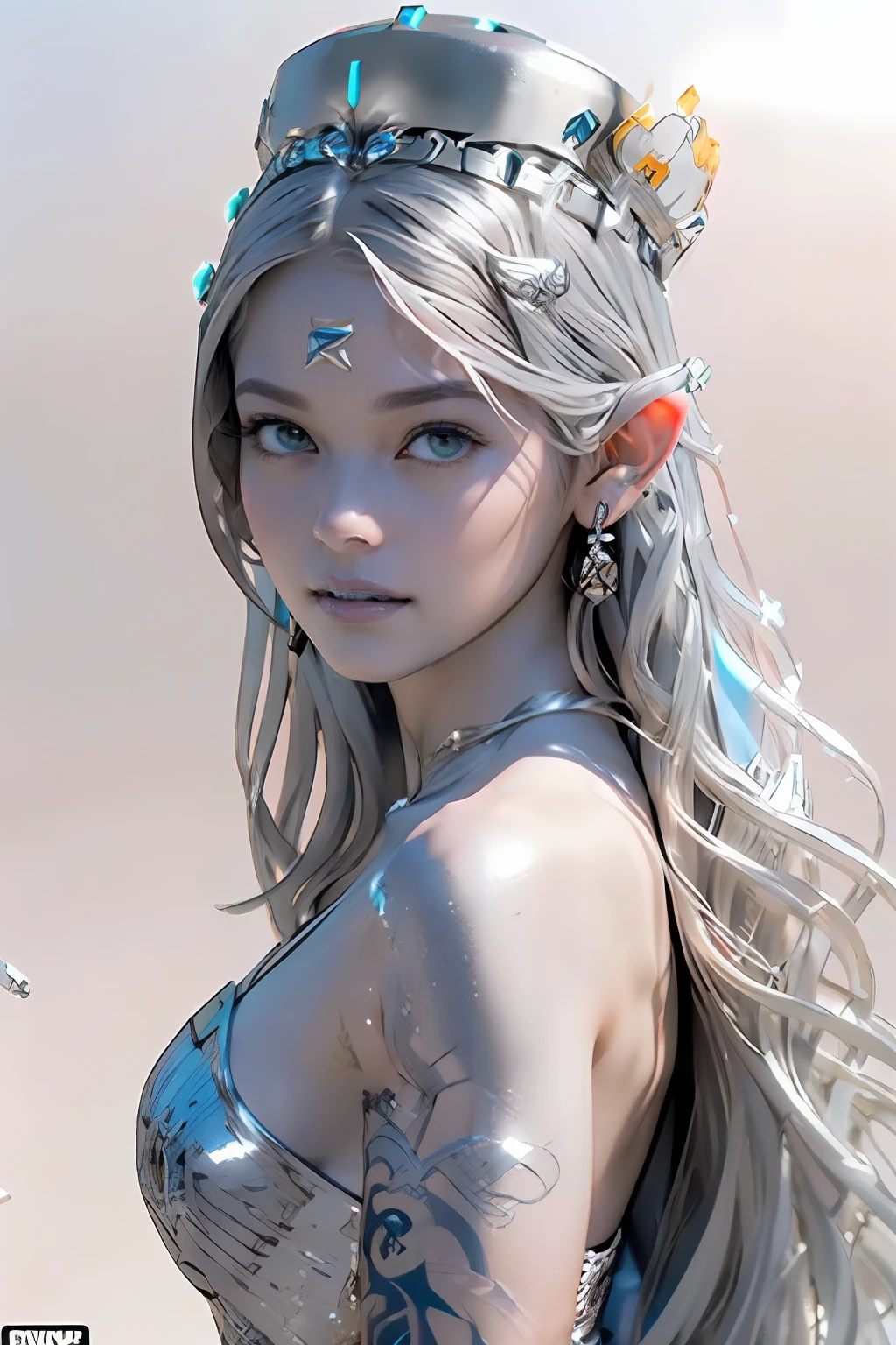 Ultra-detailed complex 3D rendering of the face, (masterpiece, top quality, octane rendering,), glamour shots full body image, very beautiful young elves, cleavage, (highly detailed skin: 1.2), (exposure: 1.1), ((blue micro bikini: 1.95)))). , 8k, (((very soft breasts)), (((conspicuous large pink areola)), beautiful Caucasian woman with white skin with full soft breasts with big buttocks, one, long braided hair, big breasts, dynamic angles, (((huge breasts: 2.4)), ultra-realistic photos, ((((((silver hair)))), futuristic urban background, facial muscles, (((((detailed and glamorous silver crown)))), In the style of Marvel Comics, ArtStation Trends, Clear Focus, Intricate Details, Very Detailed, Detailed Green Eyes, Sharp Focus, Digital Rendering, Professional, Abs, Lip Gloss, Glossy Skin, Sexy Pose, Golden Tattoo All Over Body, Silver Pattern All Over Body, Silver Lame Skin, Gold Glitter Skin, Mansuji, Buttocks, Jeweled All Over the Body, with silver scales, silver hair,