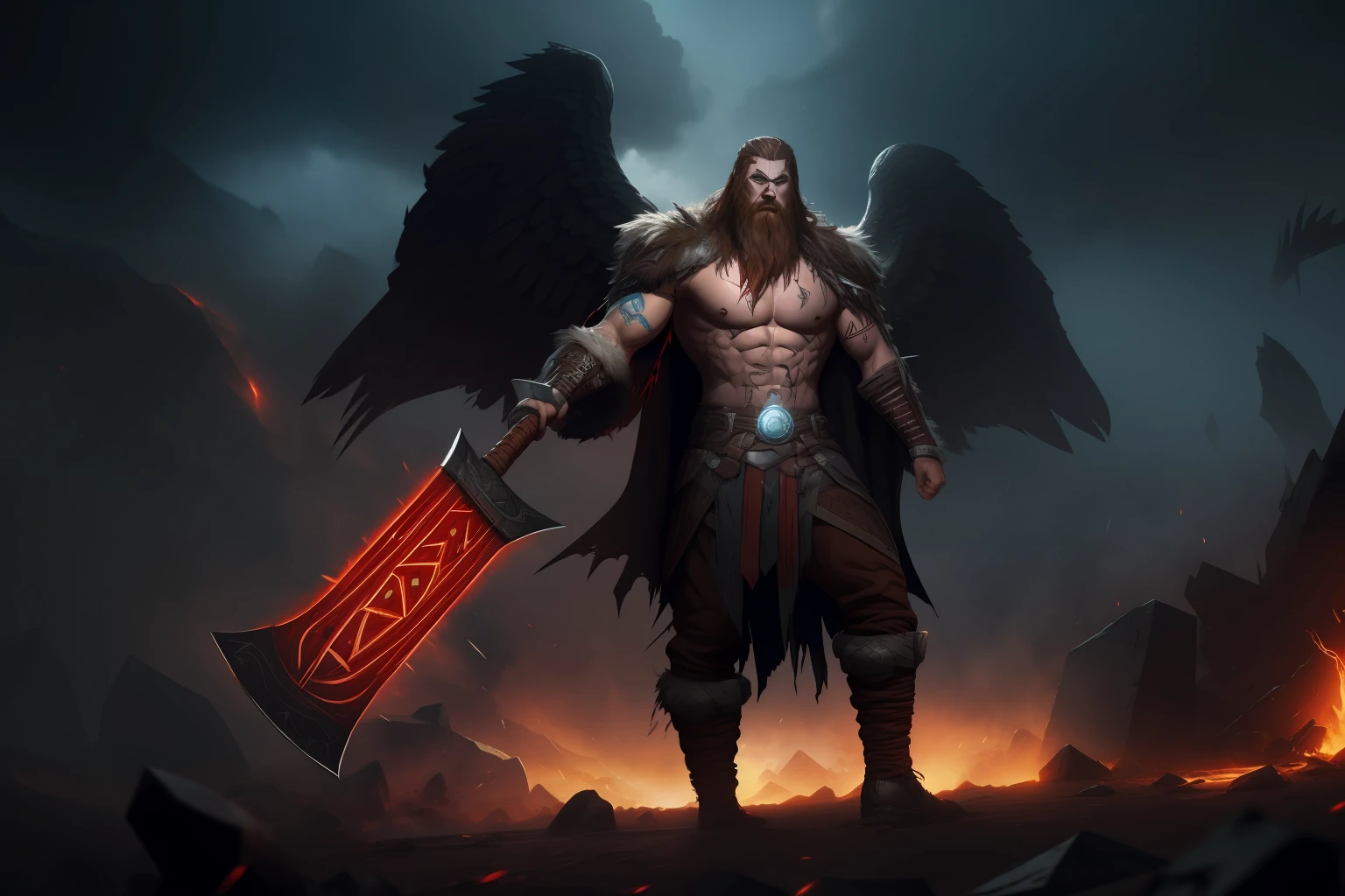 fallen angel Viking man, berserk, with huge wings, viking clothing, red eyes, White hair, dynamic pose,  (with electric guitar, rock guitar in the form of an axe), thunder, red lightning, storm, rain, microparticles, body in runes, dark fantasy, death metal, vampire aura, scandinavian runes, blood splashes,Cel-shaded, detailed, Arcane Animated Series Style, borderlands game style