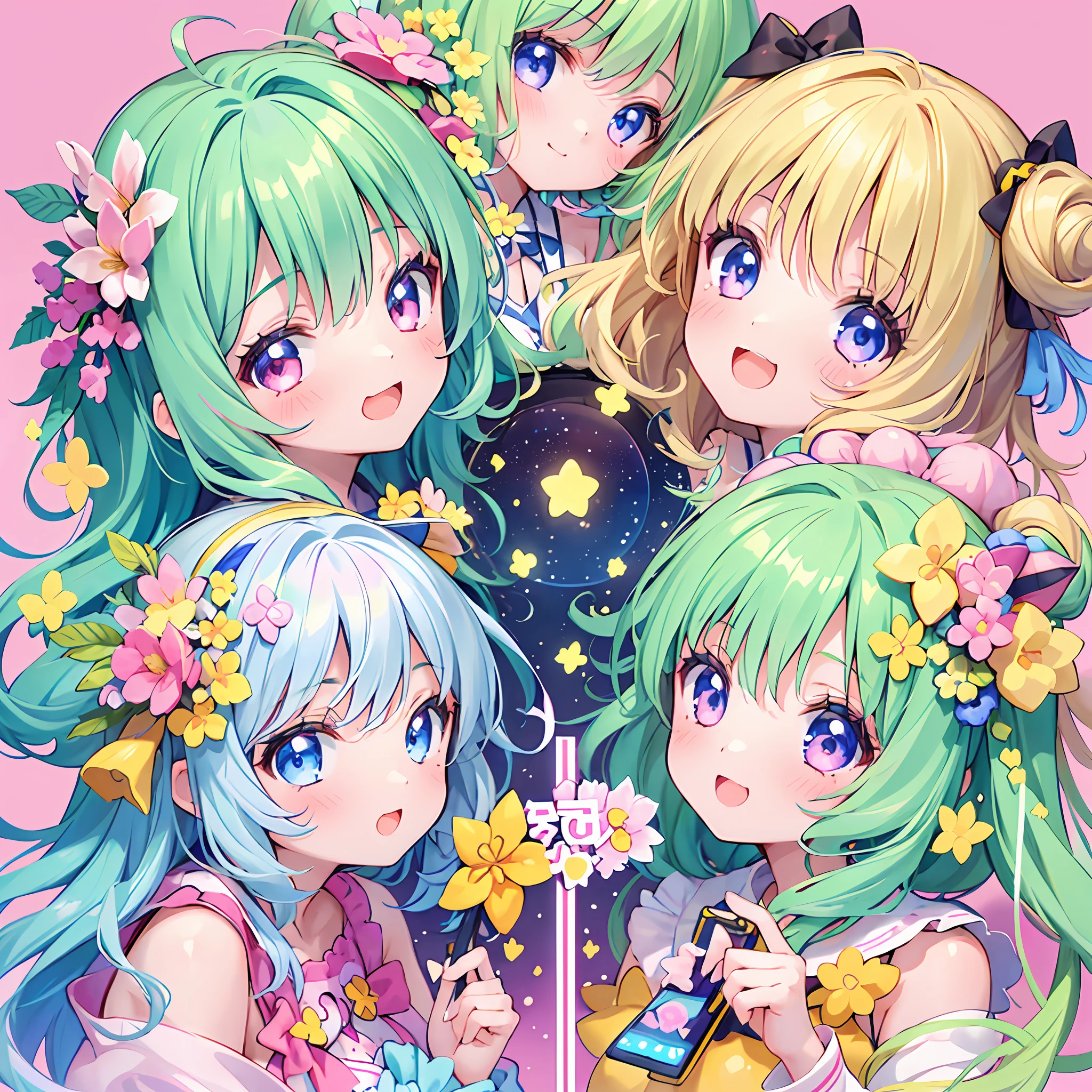 masterpiece, (million 2girls and 2girls and 2girls and 2girls), idol, closeup, big eyes, kawaiitech, kawaii, cute, pastel colors, best quality, happy, deep background, symmetrical, tilted head, spring