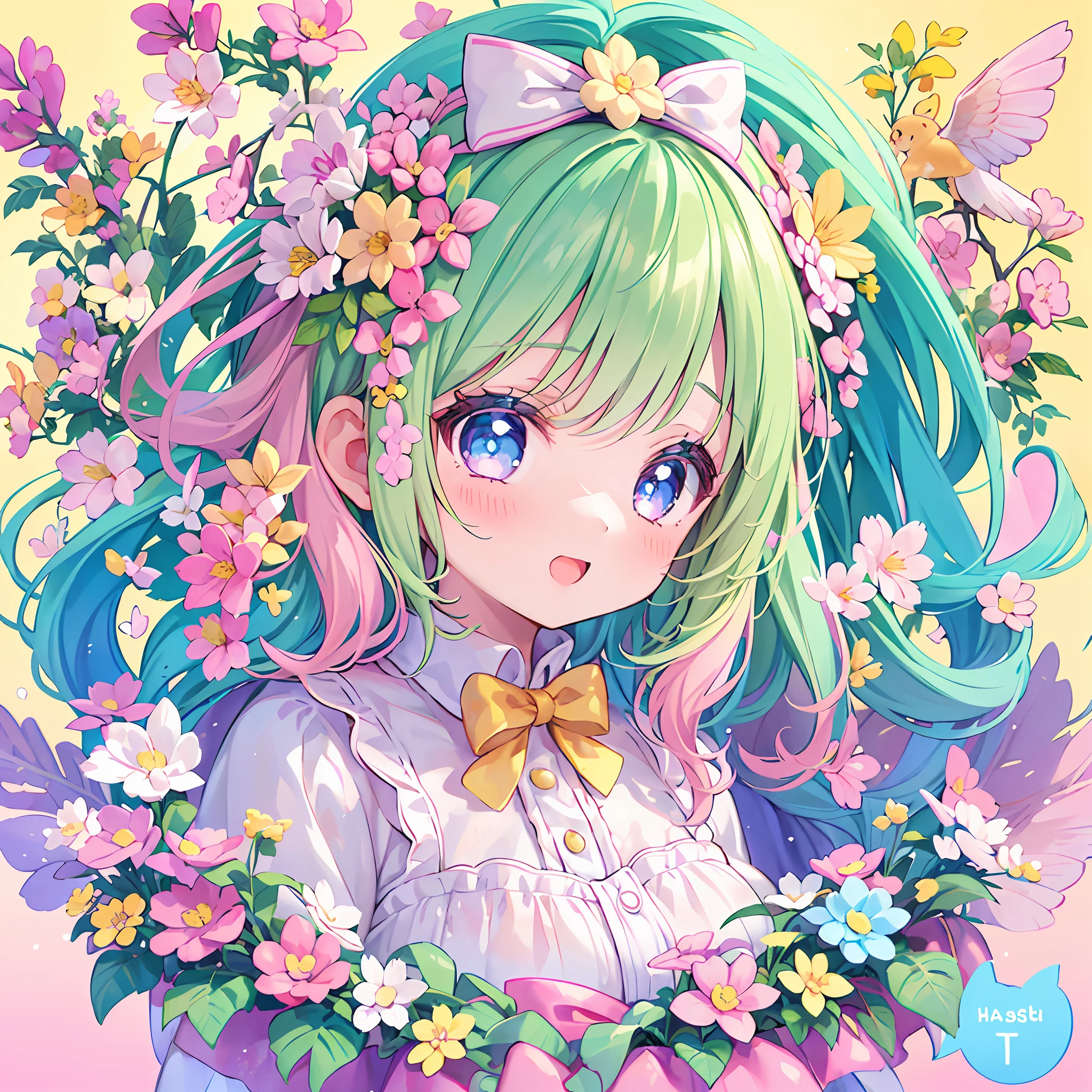 masterpiece, (million 2girls and 2girls and 2girls and 2girls), idol, closeup, big eyes, kawaiitech, kawaii, cute, pastel colors, best quality, happy, deep background, symmetrical, tilted head, spring