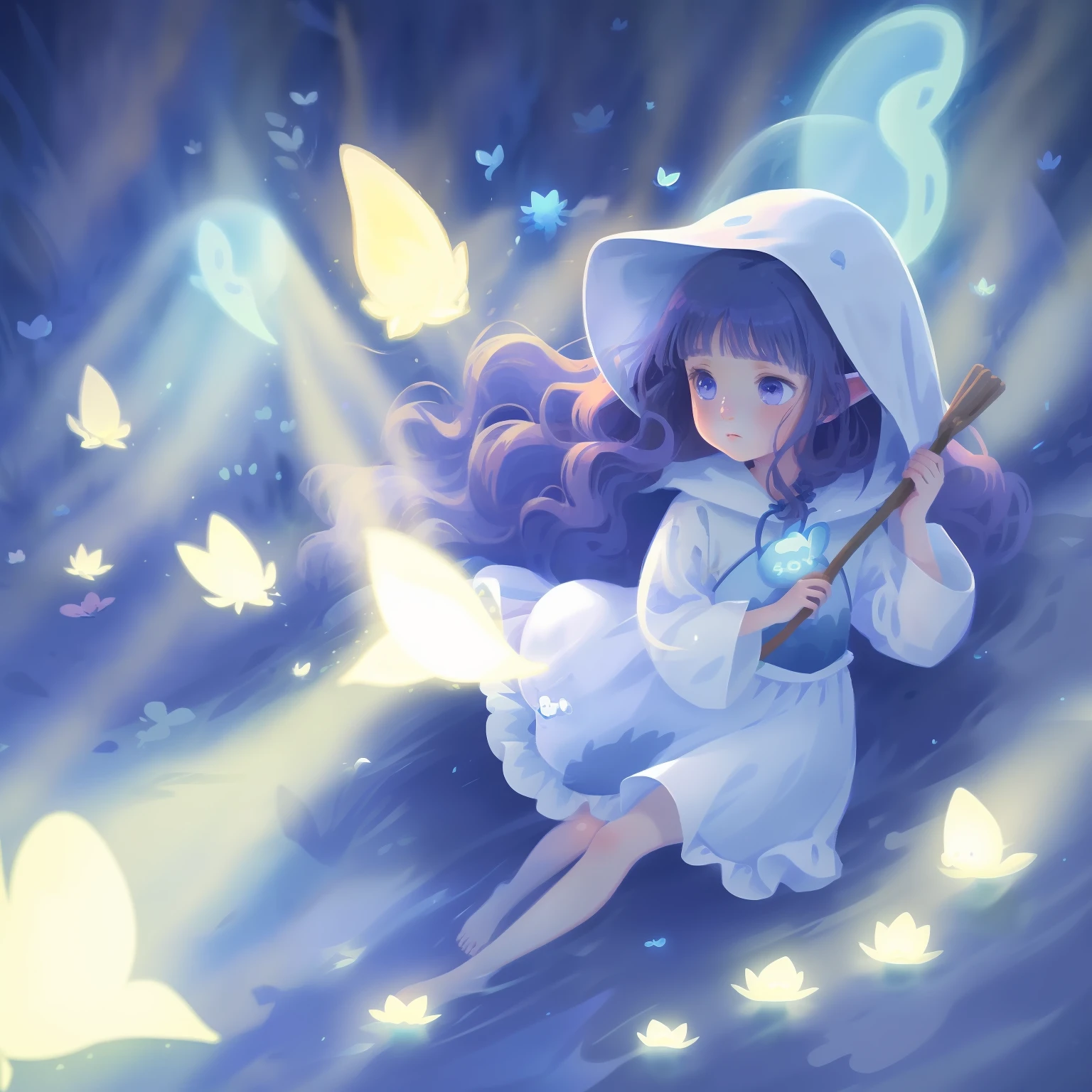 1girll，brunette color hair，curlies，long whitr hair，Holding a rabbit ear ghost，eBlue eyes，dragonfly，Lotus leaf，lotuses，The shirt，pleatedskirt，A ghost with rabbit ears behind him，Rabbit ear shaped hood，blue tint，KIDS ILLUSTRATION，heal，with light glowing