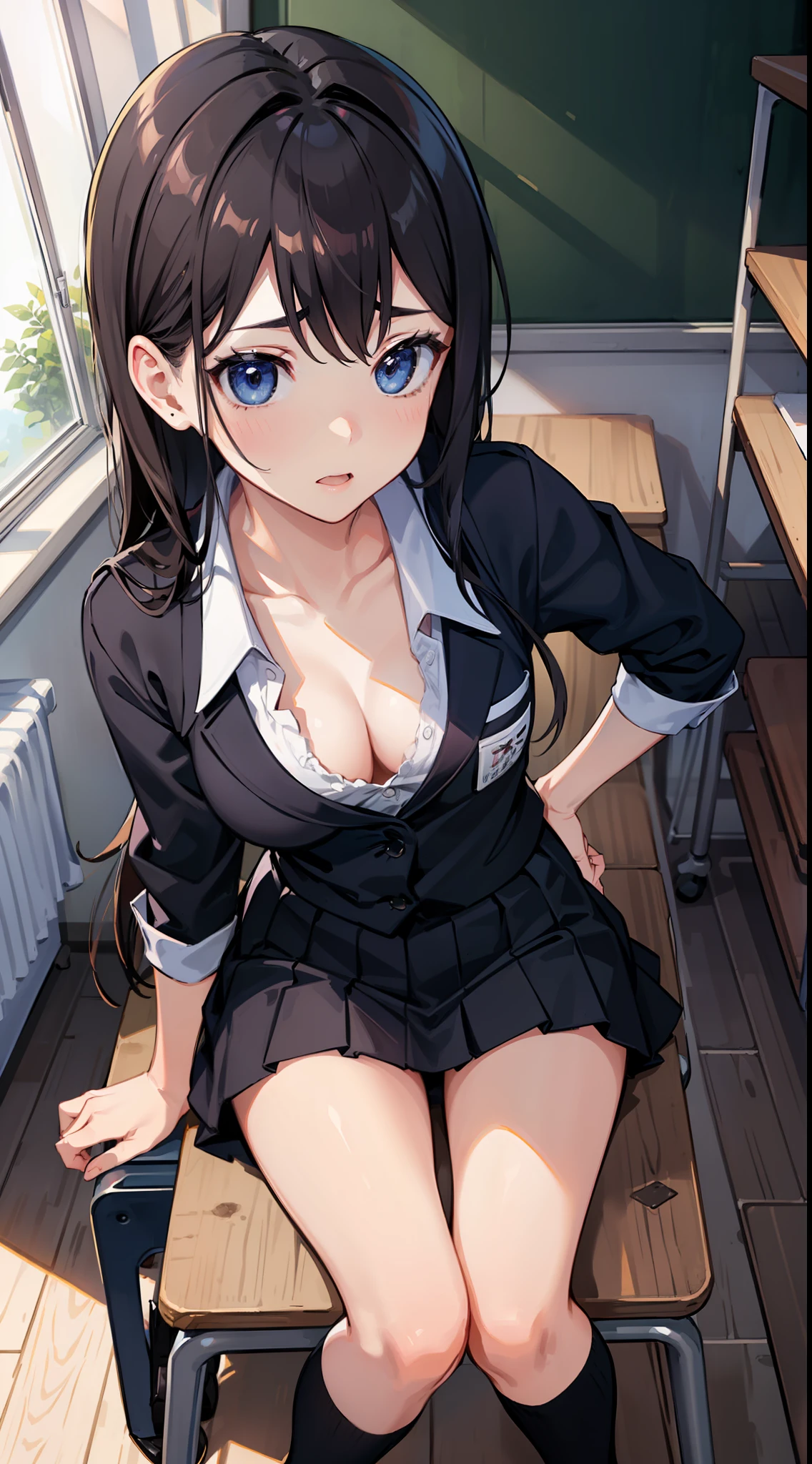 one-girl，sportrait，‎Classroom，cleavage，校服，black-skinned，Bust photo，looks into camera，sit on chair，Side Body
