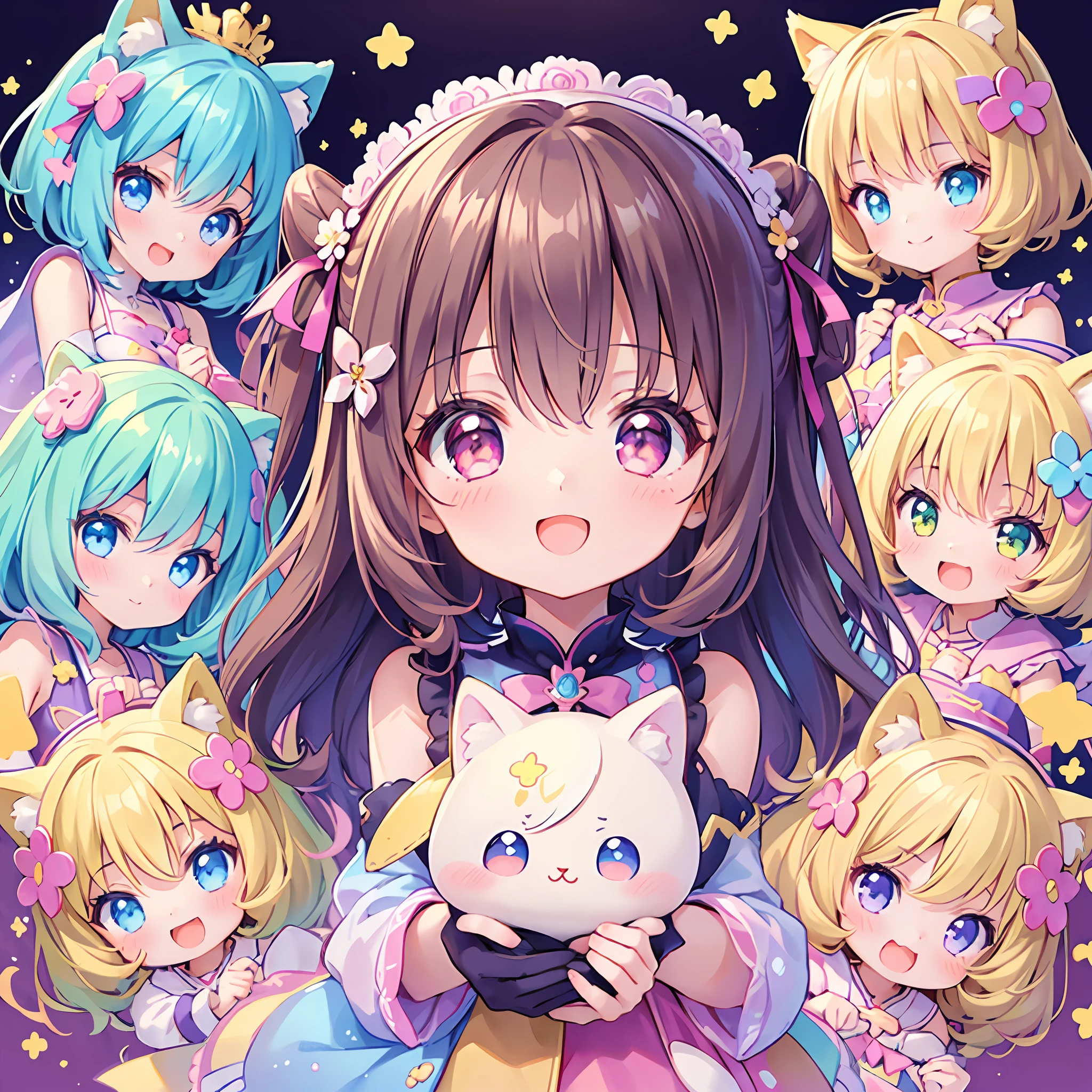 masterpiece, (million 2girls and 2girls and 2girls and 2girls), idol, closeup, big eyes, kawaiitech, kawaii, cute, pastel colors, best quality, happy, deep background, symmetrical, tilted head, spring