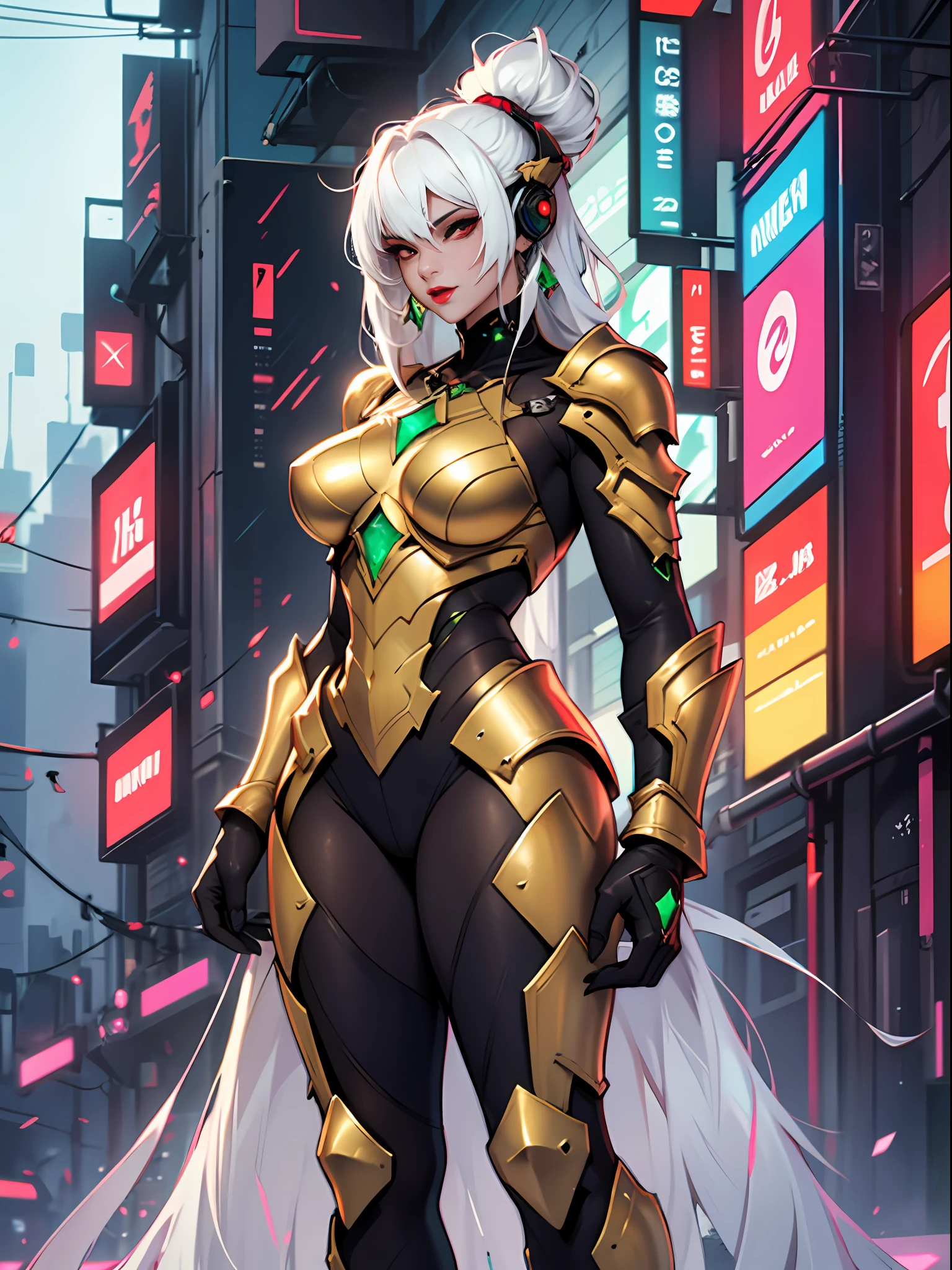 dragonoid human beautiful girl, white hair, red eyes, red lips. Emerald jewelry. Full body. Emerald and golden armour. High quality. cyberpunk. --auto --s2