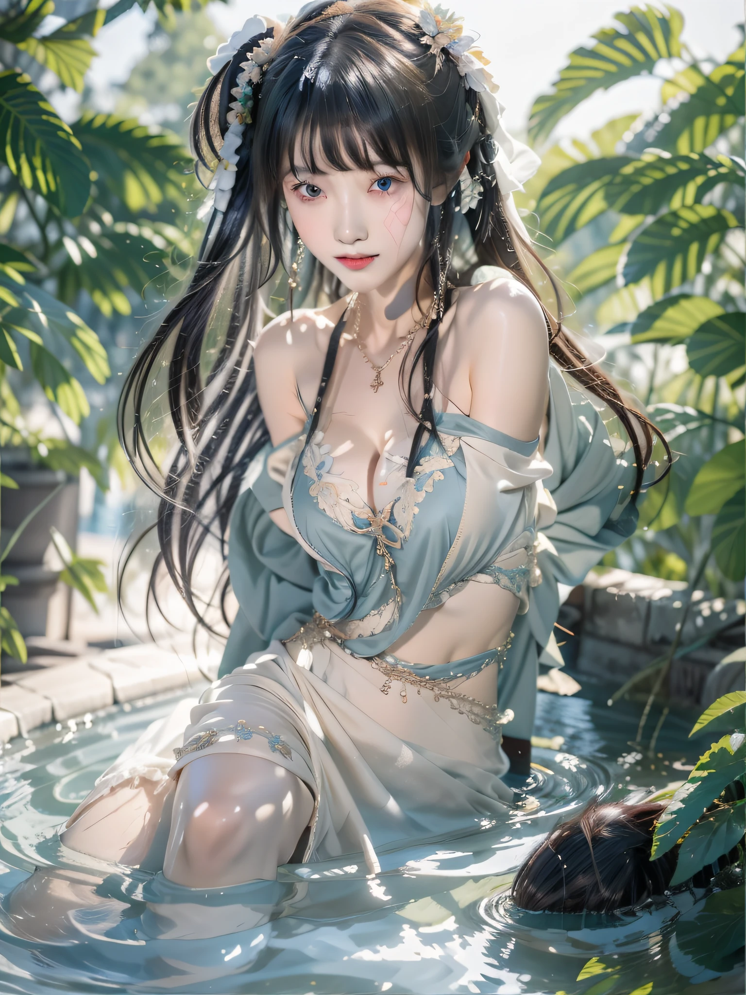 More_Details:1,Glossy glossy skin,Akira_Allen_world_End,black_Hair,eBlue eyes,pony tails,By bangs,long whitr hair,1girll,NSFW,best qualtiy,tmasterpiece,1girll,独奏,young 17 years old,nabel,,areola of breast,big cleavage breasts,White skin of the,Slim,Slim,Allen_Akira_world_End,black_Hair,eBlue eyes,pony tails,By bangs,long whitr hair,looking at viewert,seduct smile, parted lip, Be red in the face, arms behind head, Arms up, Half submerged in the tub, Semi-immersed in water, Rochas, A plant, ln the forest, steamy, In the daytime, rays of sunshine, The light from the back window is backlighted, lightand shade contrast