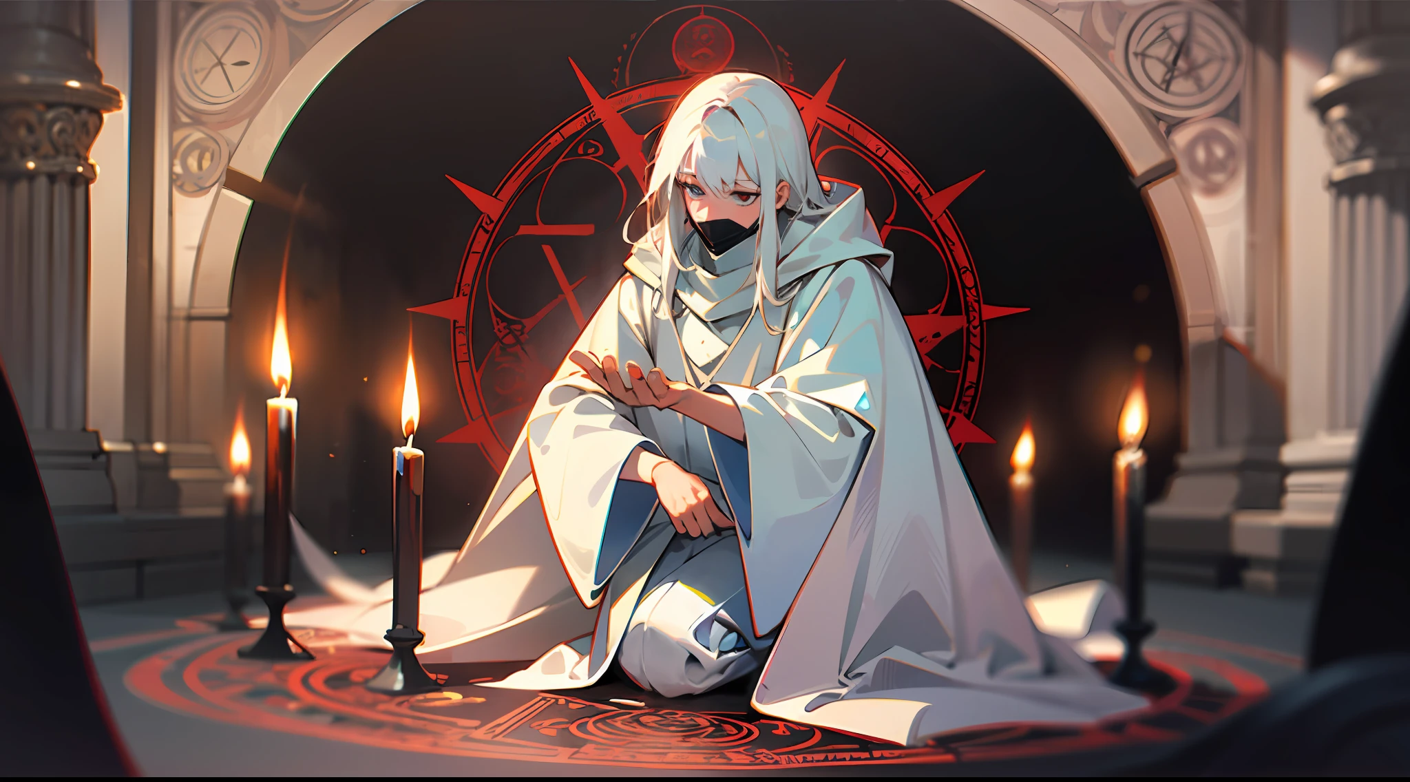 (Magic circle:1.2) summons devil into a dimly lit (room:1.1), a cultist (white hair),(kneeling:1.1) in devout prayer, wearing a (white cloak), (wear red face mask), surrounded by flickering (candles:1.1)