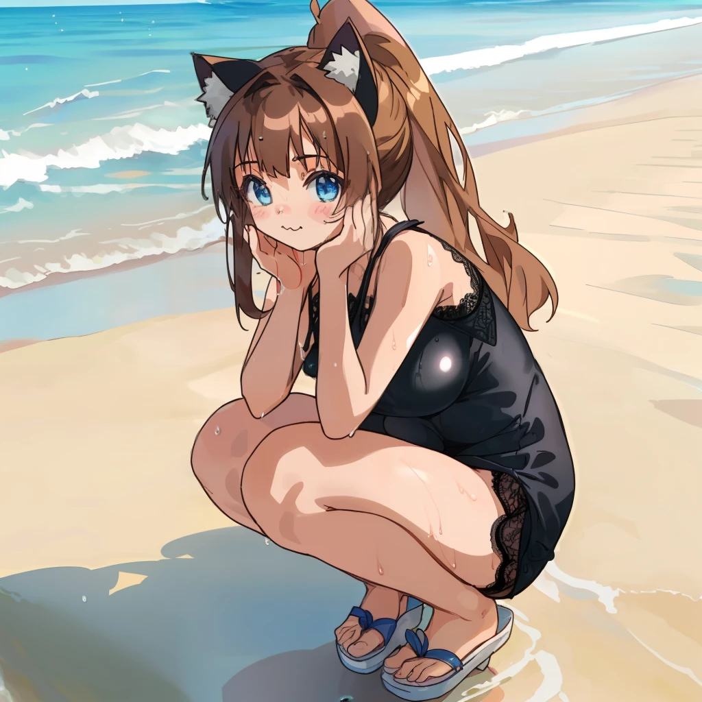 (Highly detailed CG Unity 8k wallpaper), (Best Quality), (Super Detail), (Best Illustration), (Best Shadow), POV, Realistic lighting and shading, Natural light, Lens flare effect, BREAK, 1 beautiful girl, Solo,(Cute:1.5),(Chibi:0.8), (kawaii:1.5),(Lori:0.5), BREAK, ( (17 years old girl), Very detailed, colourfull, highest details, BREAK, (Huge breasts: 1. 2,), Clear skin, Beautiful skin, Shy skin, 1 beautiful girl, Brown hair, (Cat ears, Ponytail, medium-Long hair: 1. 2), (Light blue eyes, long eyelashes, Double eyelids: 1. 2), Solo, gleaming skin, BREAK, (lightweight summer one-piece dress:1.2), (a straw fedora hat:1.0), (flipflops:1.0), (lightweight summer one-piece dress:1.2), (a straw fedora hat:1.0), (flipflops:1.0), (star-shaped earring:1.1), (Lace headband:1.0), (Cute Accessories:1.3), (Smile like a mother,Wave both hands:1.1), (Casual pose, Squatting,Legs wide open,I can see the muscles of a man,Wet black lace panties are visible:1.3), (Beach background:1.3), (Holding a large float with both arms:1.1), BREAK,🌇,