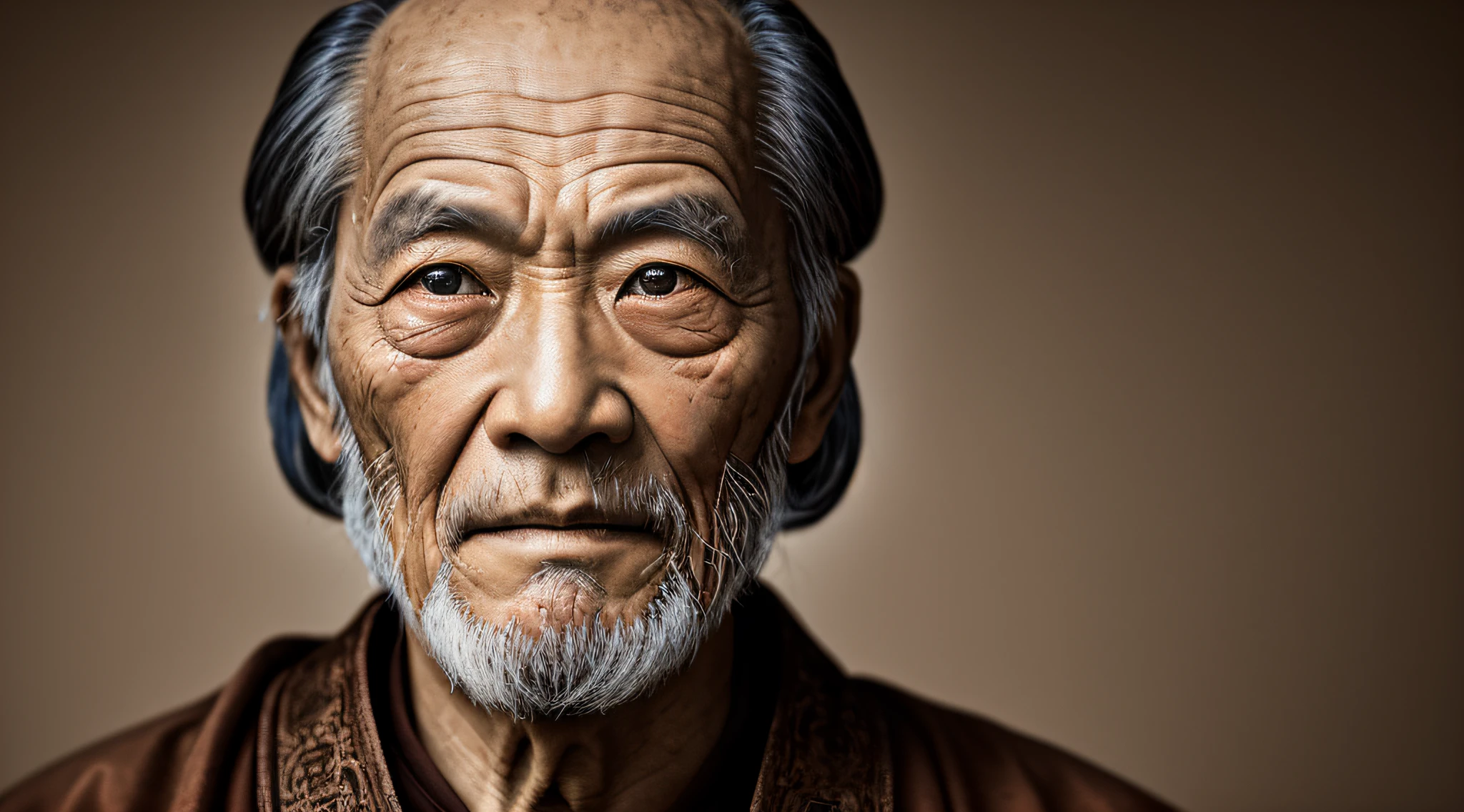 Ambiente escuro, particles in the air, Sepia Portrait of a very old and wise Chinese monk with wrinkled and aged skin. His eyes have a piercing gaze, e seu rosto exibe detalhes proeminentes. The photograph was taken in a dark studio, com ring light lighting, using a Nikon D850 camera and a 50mm lens with f/1.4 aberturas.