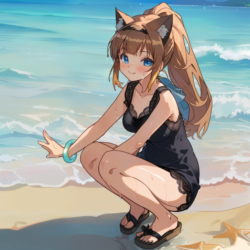 (Highly detailed CG Unity 8k wallpaper), (Best Quality), (Super Detail), (Best Illustration), (Best Shadow), POV, Realistic lighting and shading, Natural light, Lens flare effect, BREAK, 1 beautiful girl, Solo,(Cute:1.5),(Chibi:0.8), (kawaii:1.5),(Lori:0.5), BREAK,  ( (17 years old girl), Very detailed, colourfull, highest details, BREAK, (Huge breasts: 1. 2,), Clear skin, Beautiful skin, Shy skin, 1 beautiful girl, Brown hair, (Cat ears, Ponytail, medium-Long hair: 1. 2), (Light blue eyes, long eyelashes, Double eyelids: 1. 2), Solo,  gleaming skin, BREAK, (lightweight summer one-piece dress:1.2), (a straw fedora hat:1.0), (flipflops:1.0), (lightweight summer one-piece dress:1.2), (a straw fedora hat:1.0), (flipflops:1.0), (star-shaped earring:1.1), (Lace headband:1.0), (Cute Accessories:1.3), (Smile like a mother,Wave both hands:1.1), (Casual pose, Squatting,Legs wide open,I can see the muscles of a man,Wet black lace panties are visible:1.3), (Beach background:1.3), (Holding a large float with both arms:1.1), BREAK,🌇,