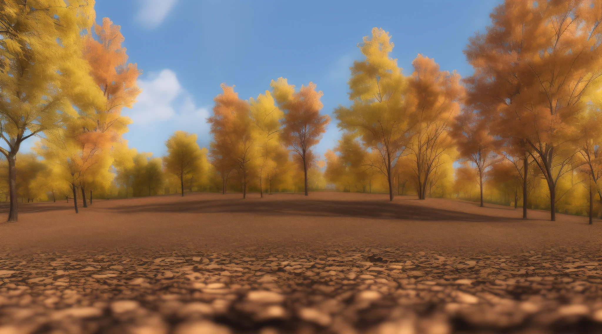 There are leaves in the ground、Forest in a field with blue sky, Hill with trees, wooded environment, Forest with a small spring, Ancient oak forest with autumn leaves, Dense trees. Wide View, Oak trees and dry grass, hyper-realistic environment, photorealistic landscape, in beautiful woods, Hillside, Stage of a forest of colorful autumn leaves, mystical forest,Deciduous forest environment, landscape 35mm veduta photo, scene inside forest