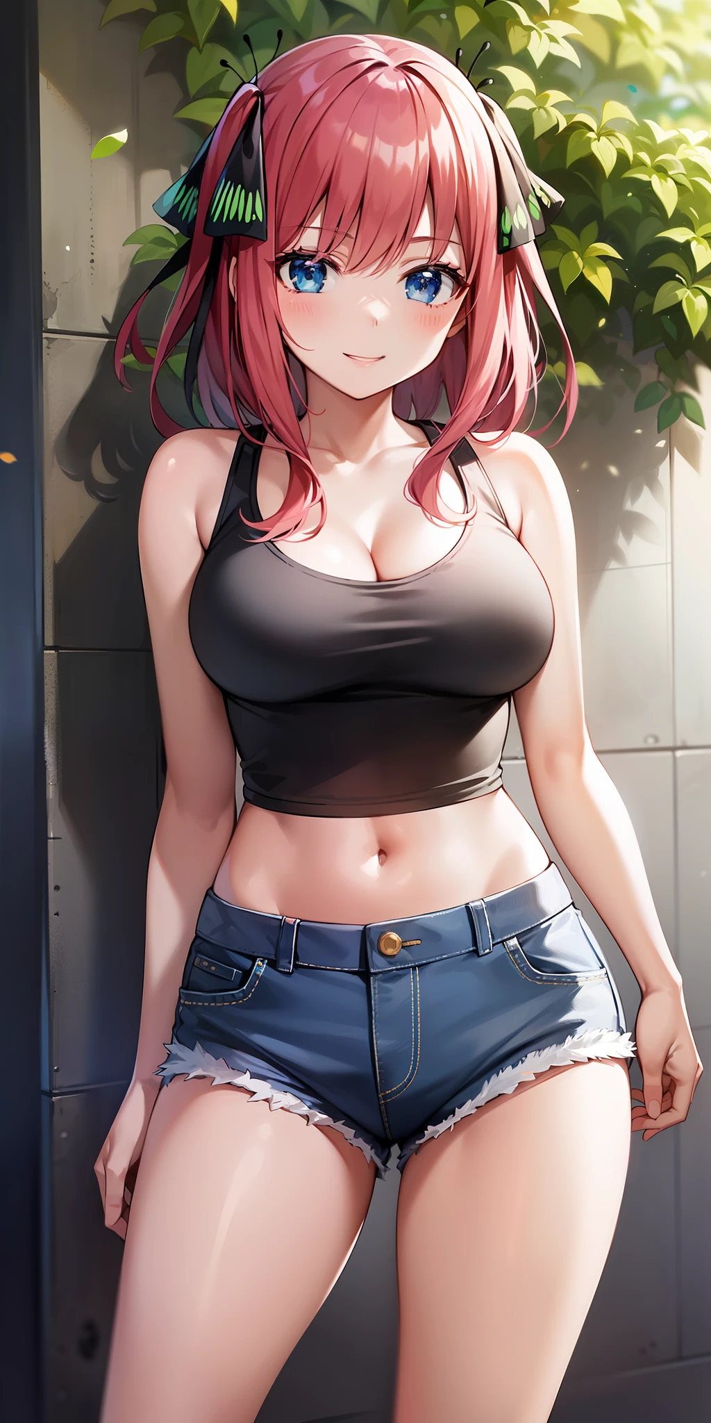 2d, masterpiece, best quality, anime, highly detailed, 1girl, solo, cowboy shot, nakano nino, pink hair, butterfly hair ornament, crop top , cleavage, Denim shorts , medium breasts, standing, school, outdoors, smile