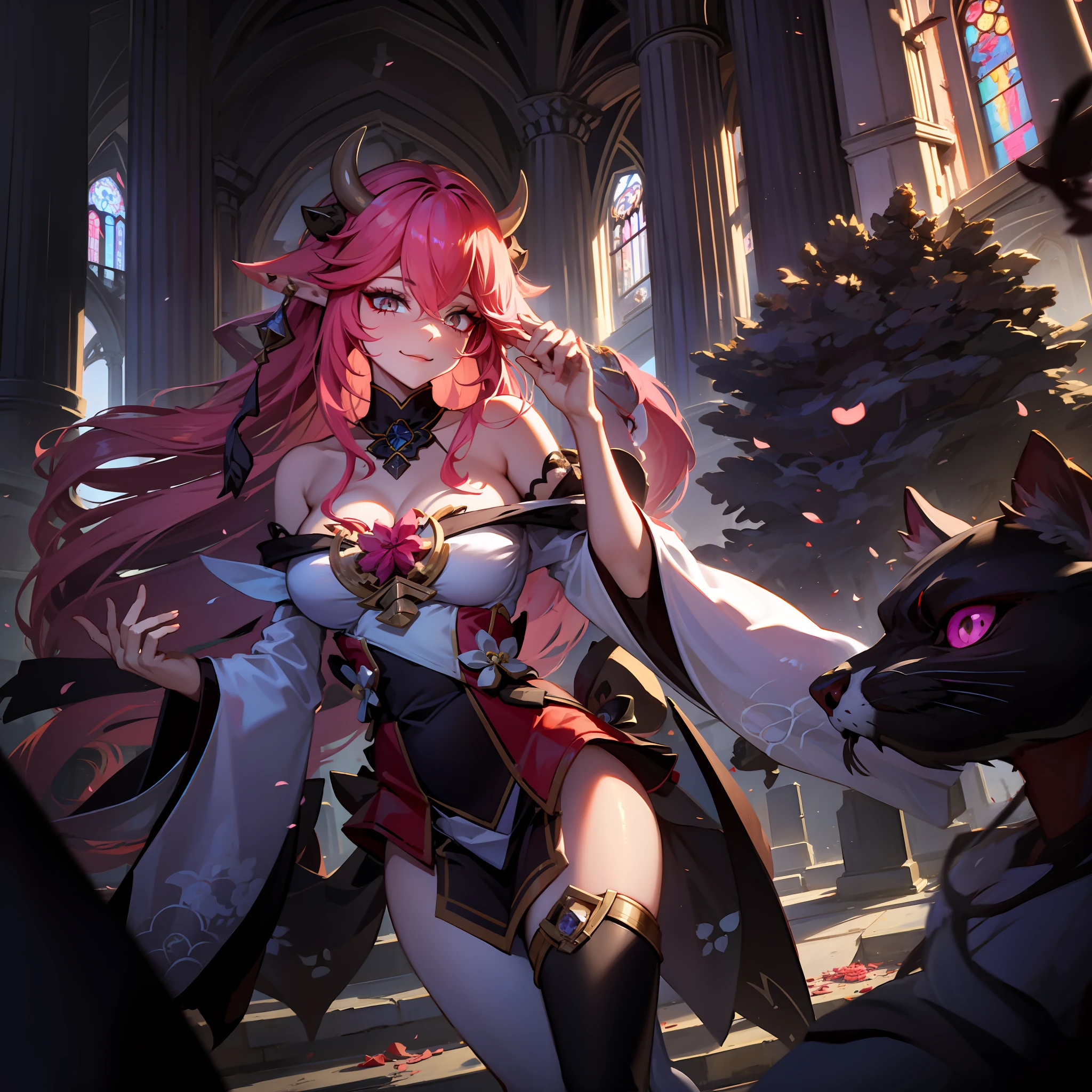 A female demon with cat ears, Elf ears and black demon horn, ((orelhas de elfo)), ((demon horn)), (orelhas de gato)), cabelo cor-de-rosa extremamente longo, ((Cabelo cor-de-rosa)), White eyes of the demon, ((olhos brancos)), vestido de gala preto longo volumoso e lindo, Gothic cathedral abandoned and destroyed with corvus and spiders