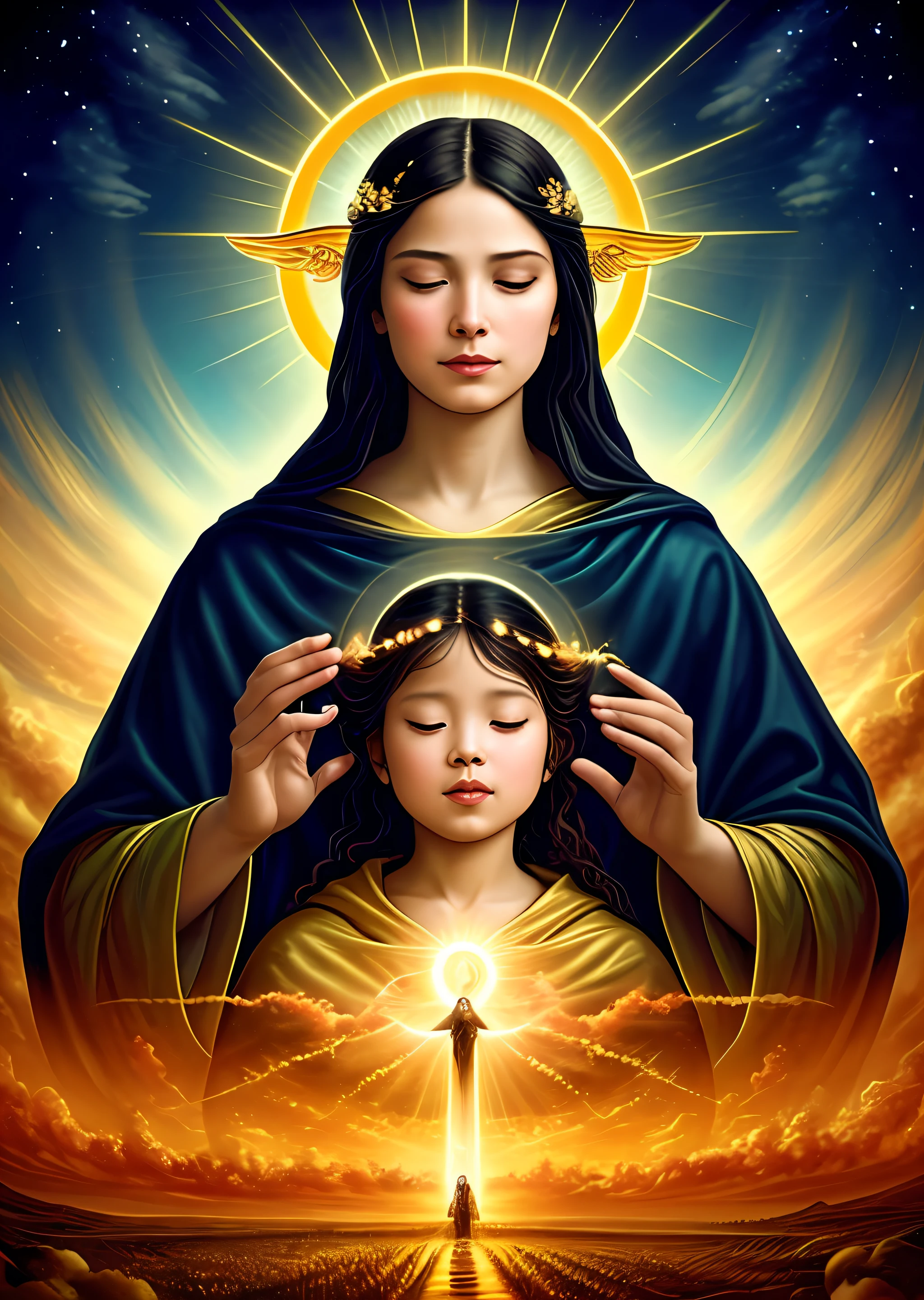 tmasterpiece, Woman and Child, Holy Virgin Mary with a little boy in her arms, ((halo over head)), smileing, Heavenly Sky, Half-body, ((Luz Divina)), ethereal, clouds, Backlighting, realistic portrait, symmetric, powerful, Intricate drawing, Detailed, digitalpainting, art station, ConceptArt, fluent, Sharp focus, illustartion, Against the Gates of Heaven, 电影灯光, And the kingdom of darkness, Like an abyss in front of you, will not be revealed by earthly beauty. You'll see hell and your childhood. You will forget paradise and your bliss. Depiction of heaven and hell. Sinners in Hell. Angels fly in paradise. life: The meaning of life. death. Death is the end or beginning of something, What we are not given to understand.