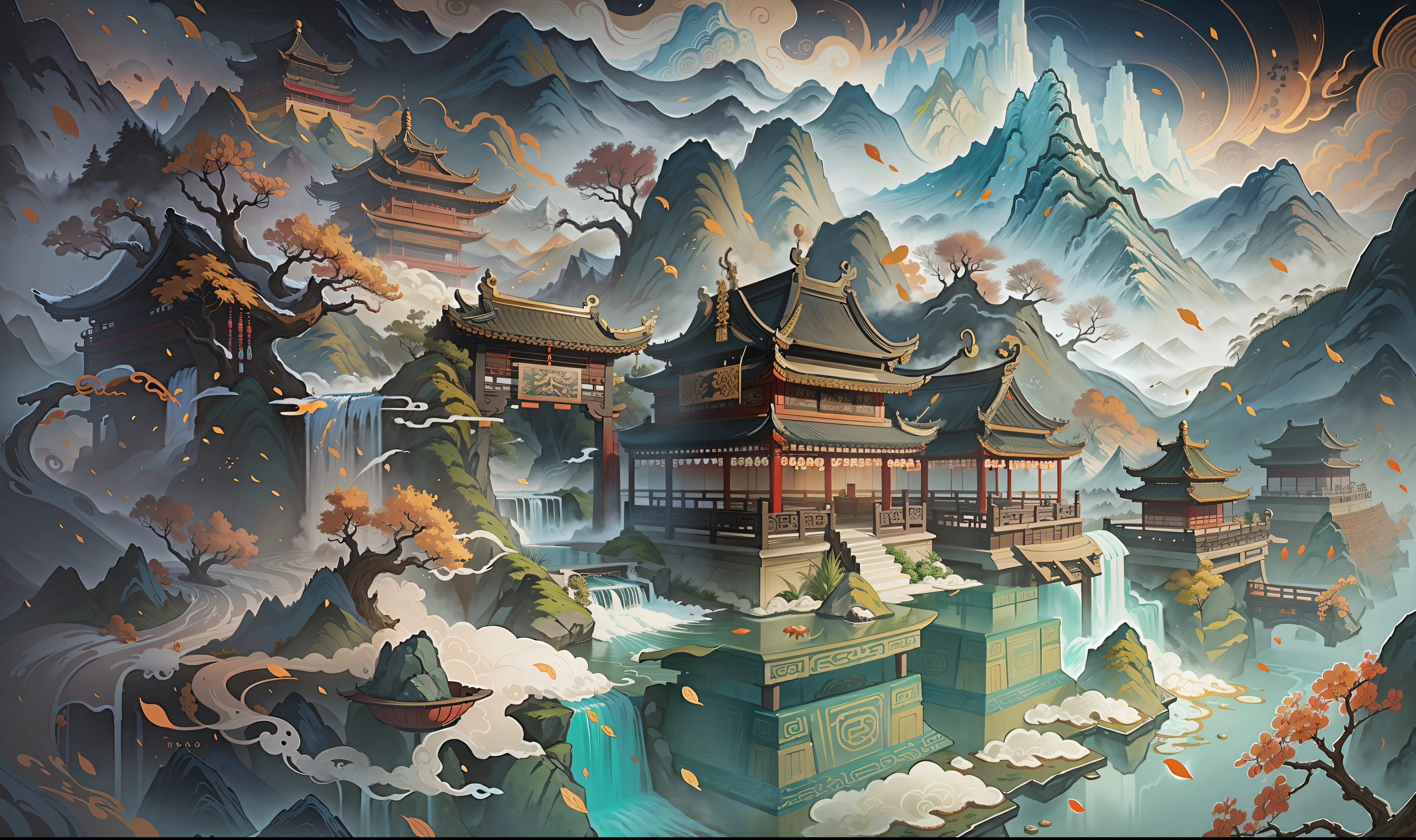 An ancient Chinese painting, ancient Chinese background, mountains, rivers, auspicious clouds, pavilions, sunshine, masterpieces, super detail, epic composition, ultra HD, high quality, extremely detailed, official art, unified 8k wallpaper, Super detail, 32k -- v 6