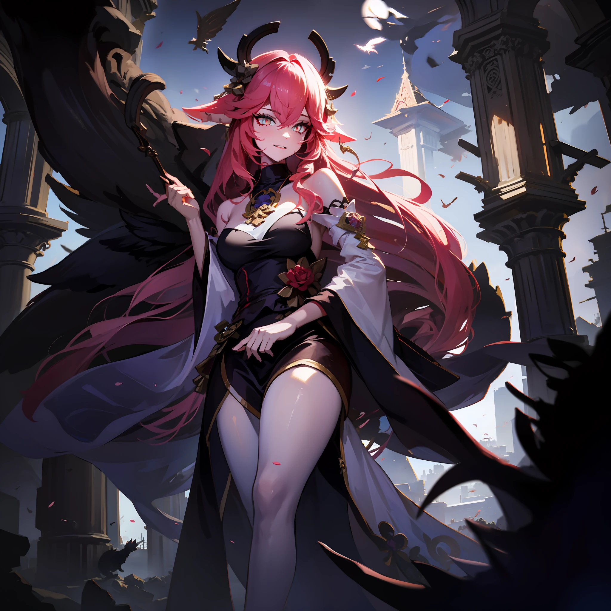 A female demon with cat ears, Elf ears and black demon horn, ((orelhas de elfo)), ((demon horn)), (orelhas de gato)), cabelo cor-de-rosa extremamente longo, ((Cabelo cor-de-rosa)), White eyes of the demon, ((olhos brancos)), vestido de gala preto longo volumoso e lindo, Gothic cathedral abandoned and destroyed with corvus and spiders