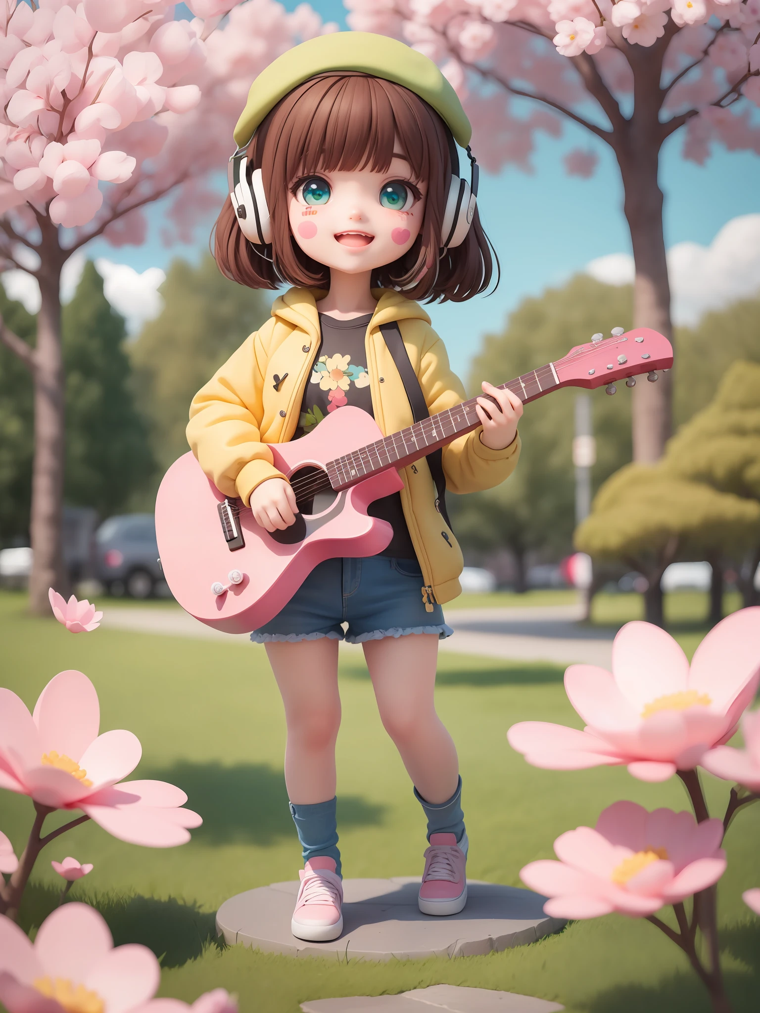 (masterpiece),(best quality),(ultra-detailed), (full body:1.2),
1girl,chibi,cute, smile, open mouth,
flower, outdoors, playing guitar, music, beret, holding guitar, jacket, blush, tree, :3, shirt, short hair, cherry blossoms, green headwear, blurry, brown hair, blush stickers, long sleeves, bangs, headphones, black hair, pink flower,
(beautiful detailed face), (beautiful detailed eyes),