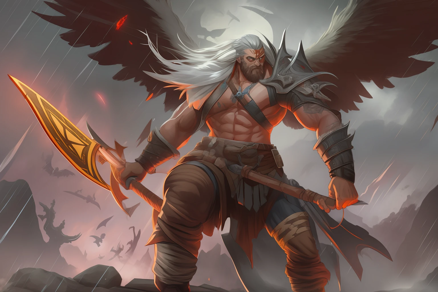 fallen angel Viking man, berserk, with huge wings, viking clothing, red eyes, White hair, dynamic pose, (with electric guitar, rock guitar in the form of an axe), thunder, red lightning, storm, rain, microparticles, body in runes, dark fantasy, death metal, vampire aura, scandinavian runes, blood splashes,Cel-shaded, detailed, Arcane Animated Series Style, borderlands game style