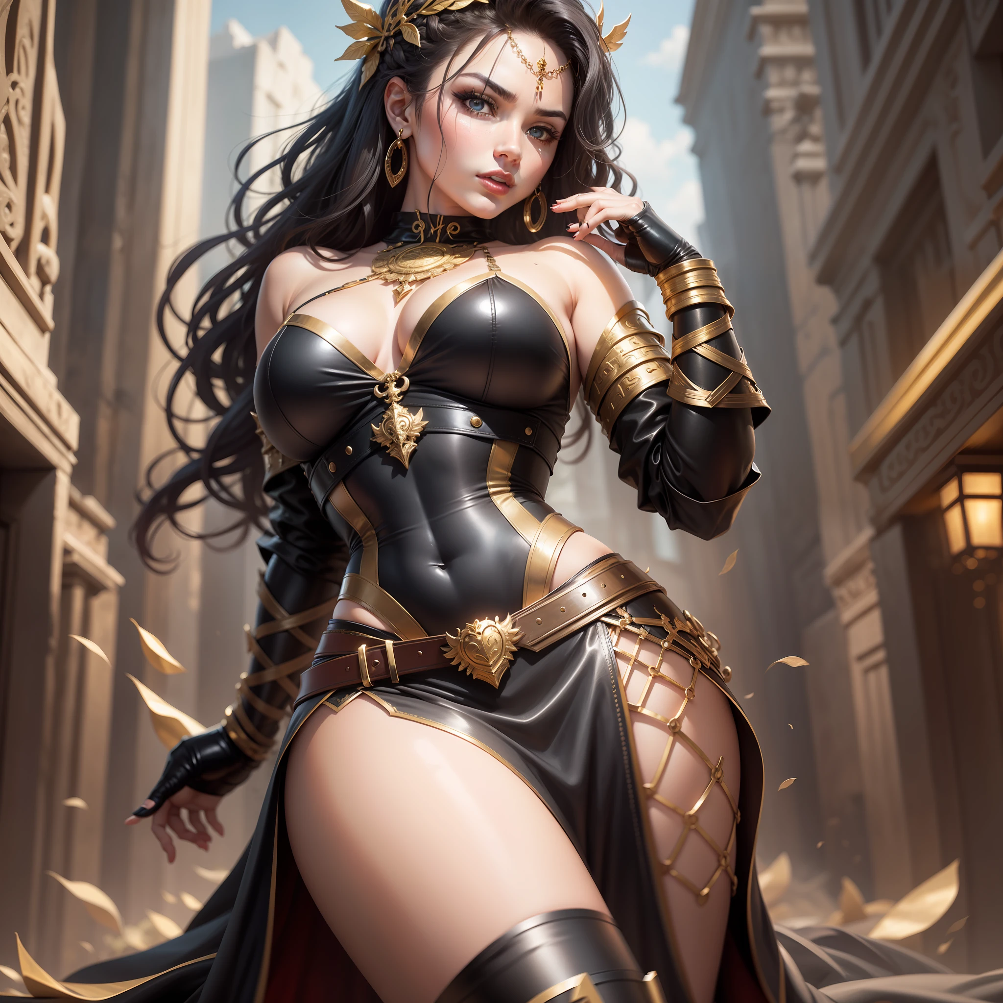 Sexy and powerful, a demigoddess from ancient Greece, renowned for her captivating black braided hair, mesmerizing face, and captivating eyes, adorned with a Greek circlet. She exudes confidence and strength in her off-shoulder black and gold armor, complemented by a fierce leather skirt and sleek black leather boots.