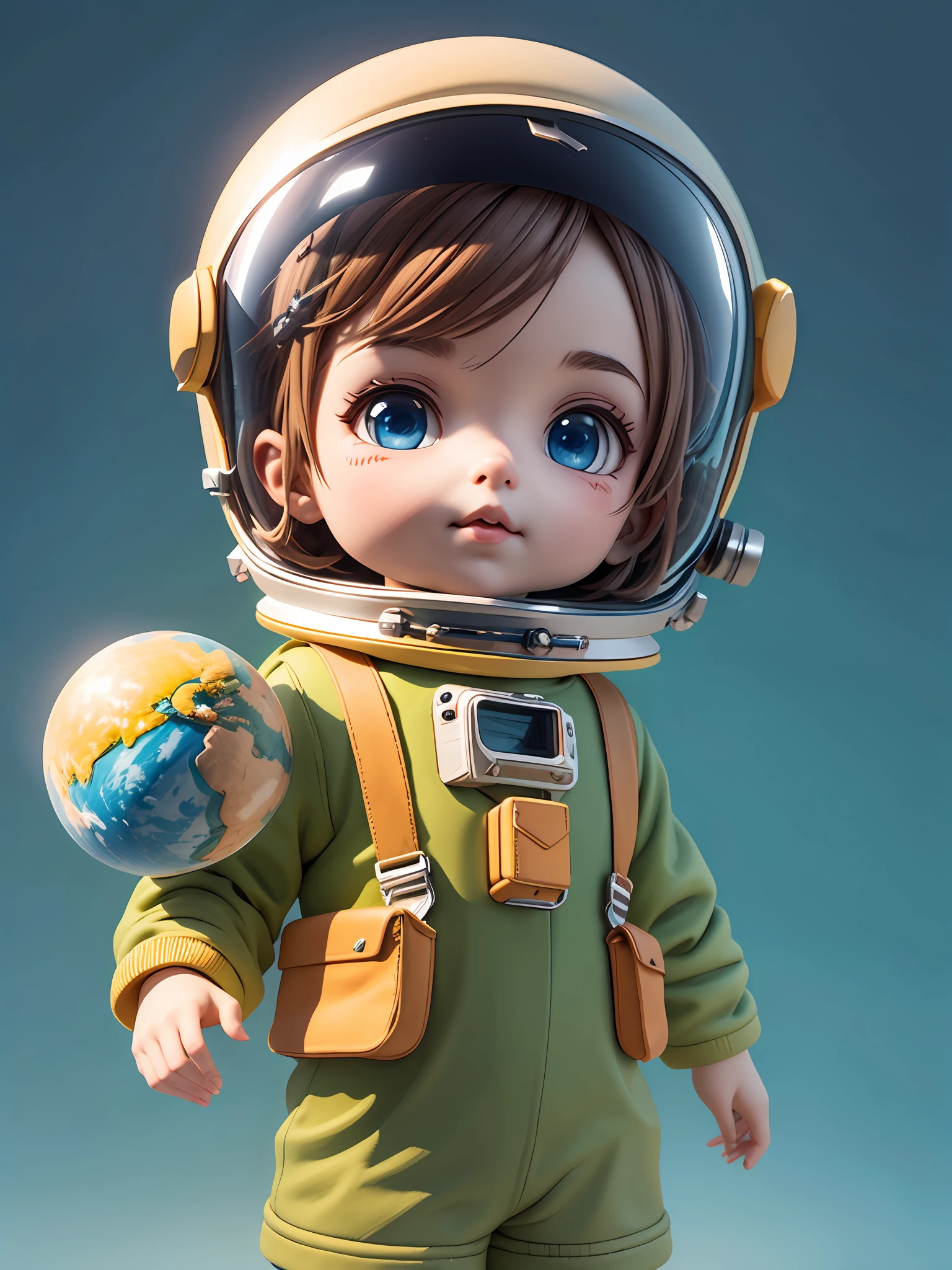 There is a small doll with helmet and helmet, Beautiful 3D rendering, small astronaut looking up, portrait anime space cadet boy, cute 3d anime boy rendering, cute detailed digital art, mini cute boy male explorer, stylized 3d rendering, 3d rendered 8k character art, cute digital painting, 3d anime style, super detailed rendering, planets background