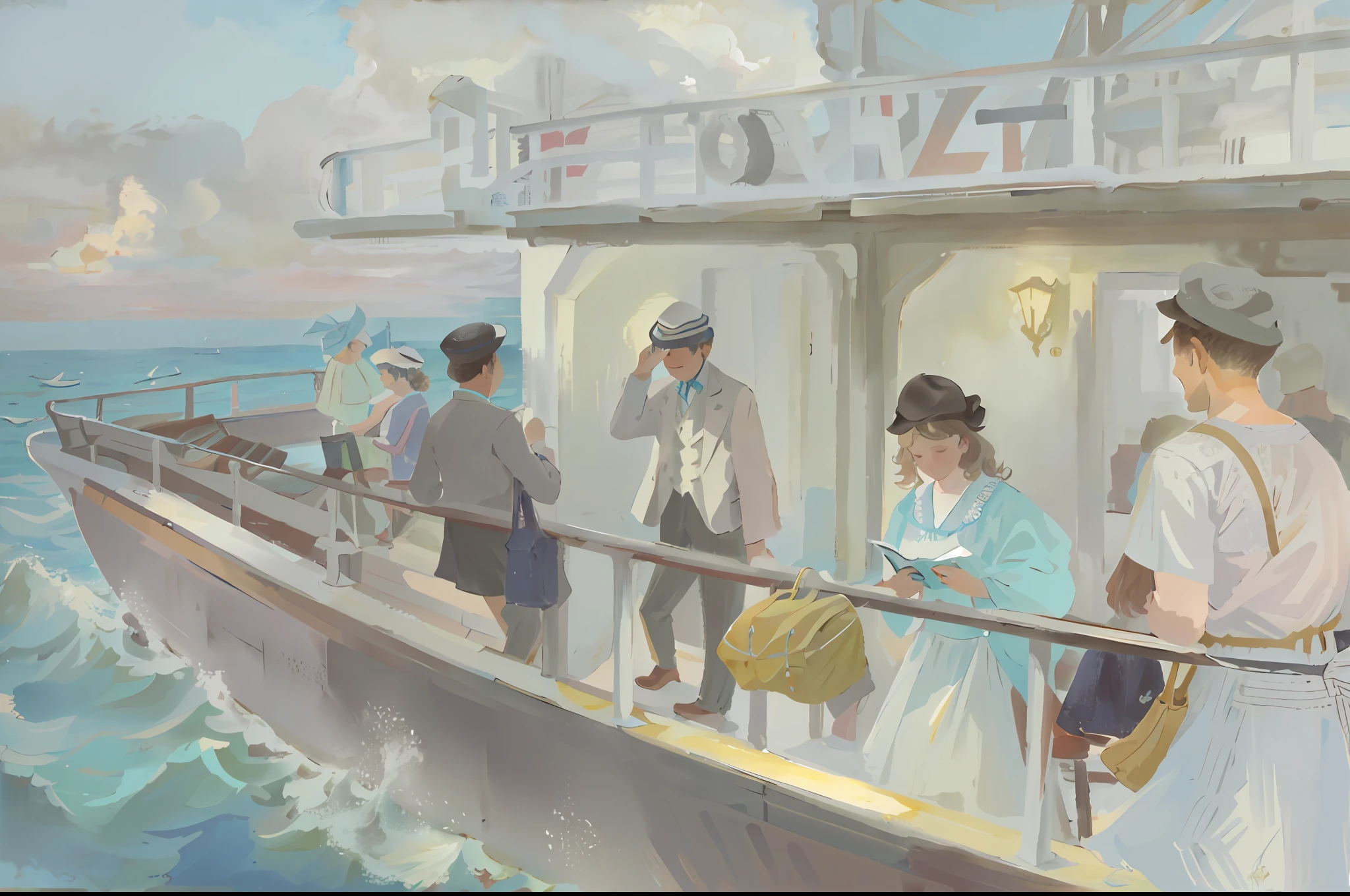 on one side of the decks of a ship,Ship,Ferry,People on the deck of a boat, Double deck,sea breeze,cloudy,On board,A wide variety of passengers,Reading,Photographed,See the view,a chair,Early 20th century, southern France, vacation, nostalgic, dreamy setting, sea-level, water splashing,