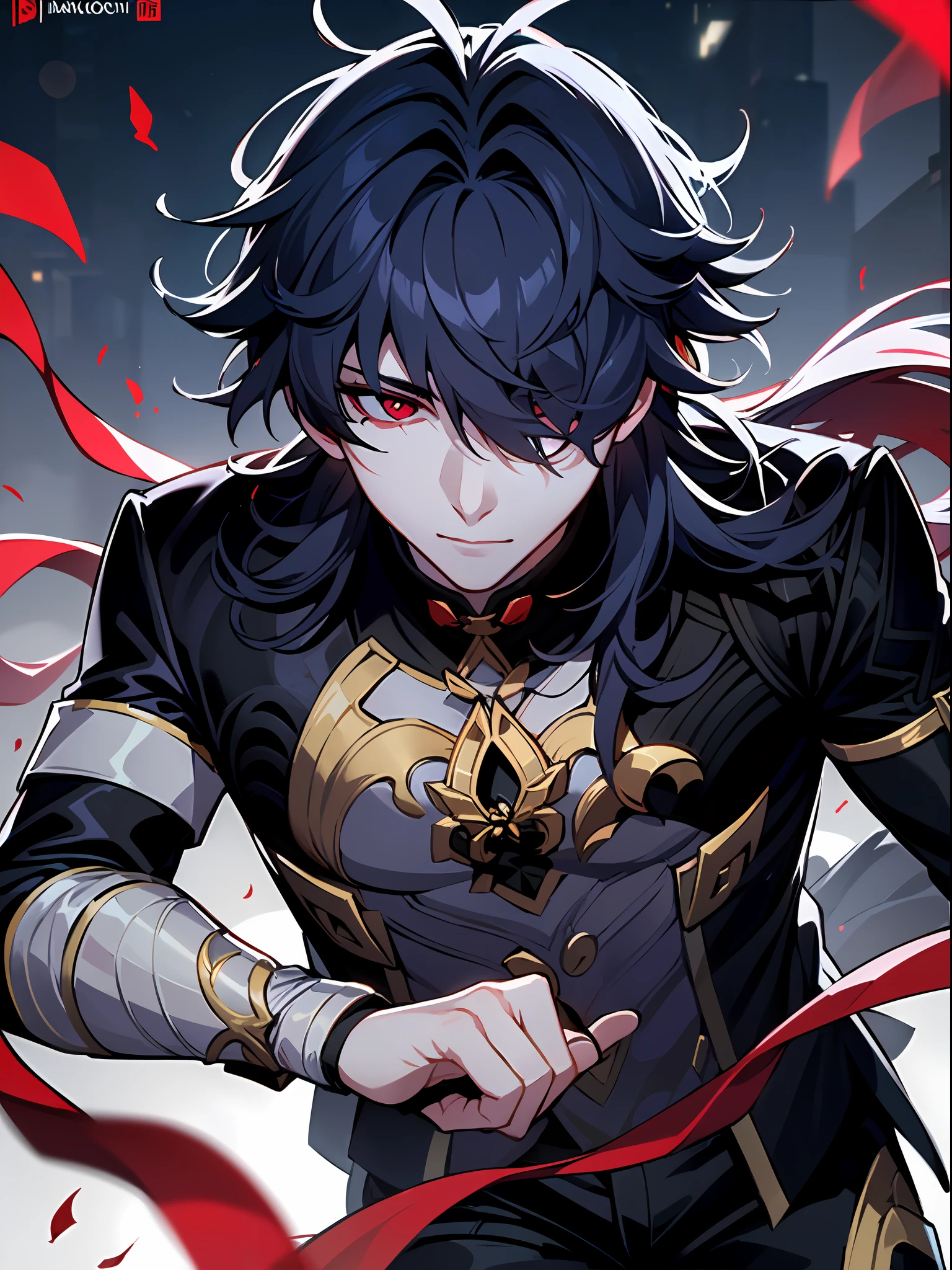 1boy, (solo:1.2), ((masterpiece)), pale skin, ((detailed eyes)), (bokeh effect), (dynamic angle), (dynamic pose), black hair, long hair, black shirt, exterior. bandages, (red eyes), (grey pants)