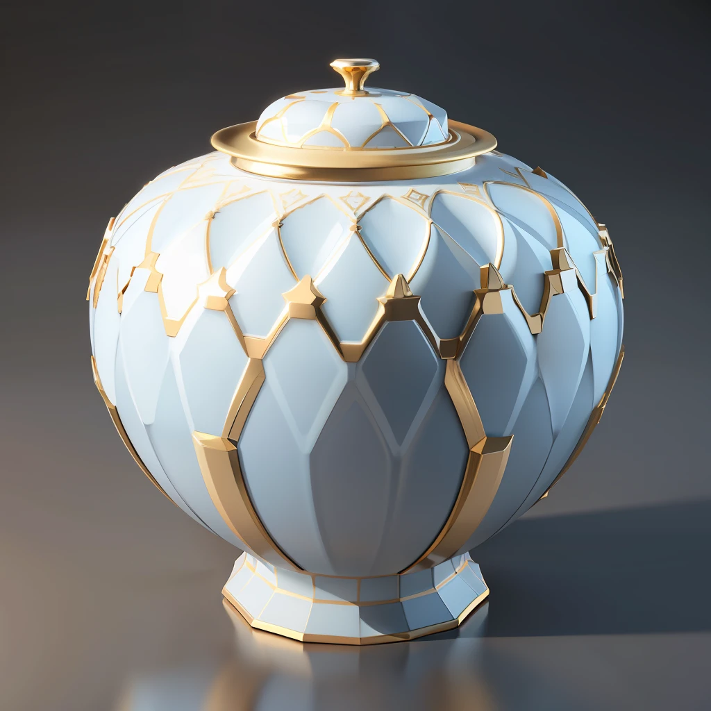 Ceramic lid bowl,Gold contoured edges, highly detailed render, highly detailed scenario, high quality rendering, highly detailed perfect render, semi - realistic render, high detal, Rendered in V-Ray, v-ray, v - ray, hyper realistic detailed rendering, high poly vray,Octagonal shape,Blue and white gradient