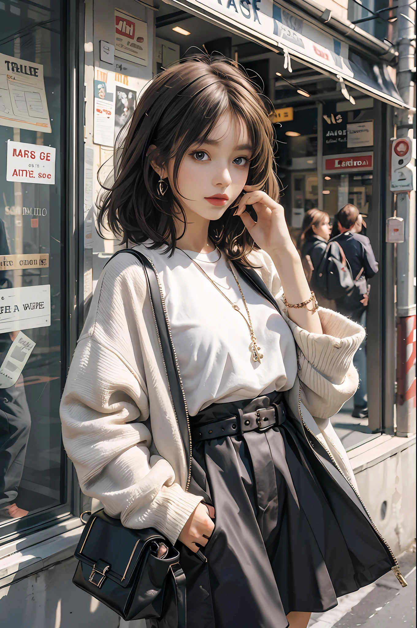 tmasterpiece,Best quality at best,offcial art,8k wallpaper,The is very detailed,Trend illustration,1girll,fashionable attire,Street side,simplebackground
