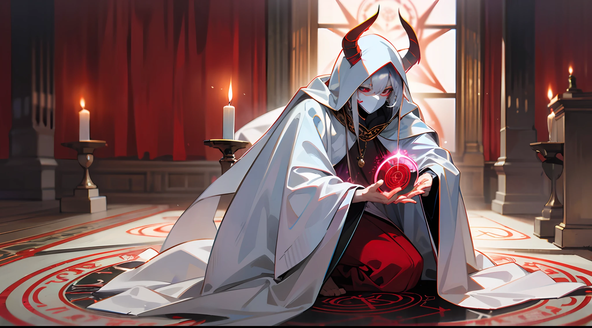 (Magic circle:1.2) summons devil into a dimly lit (room:1.1), a cultist (white hair),(kneeling:1.1) in devout prayer, wearing a (white cloak), (wear red face mask), surrounded by flickering (candles:1.1)