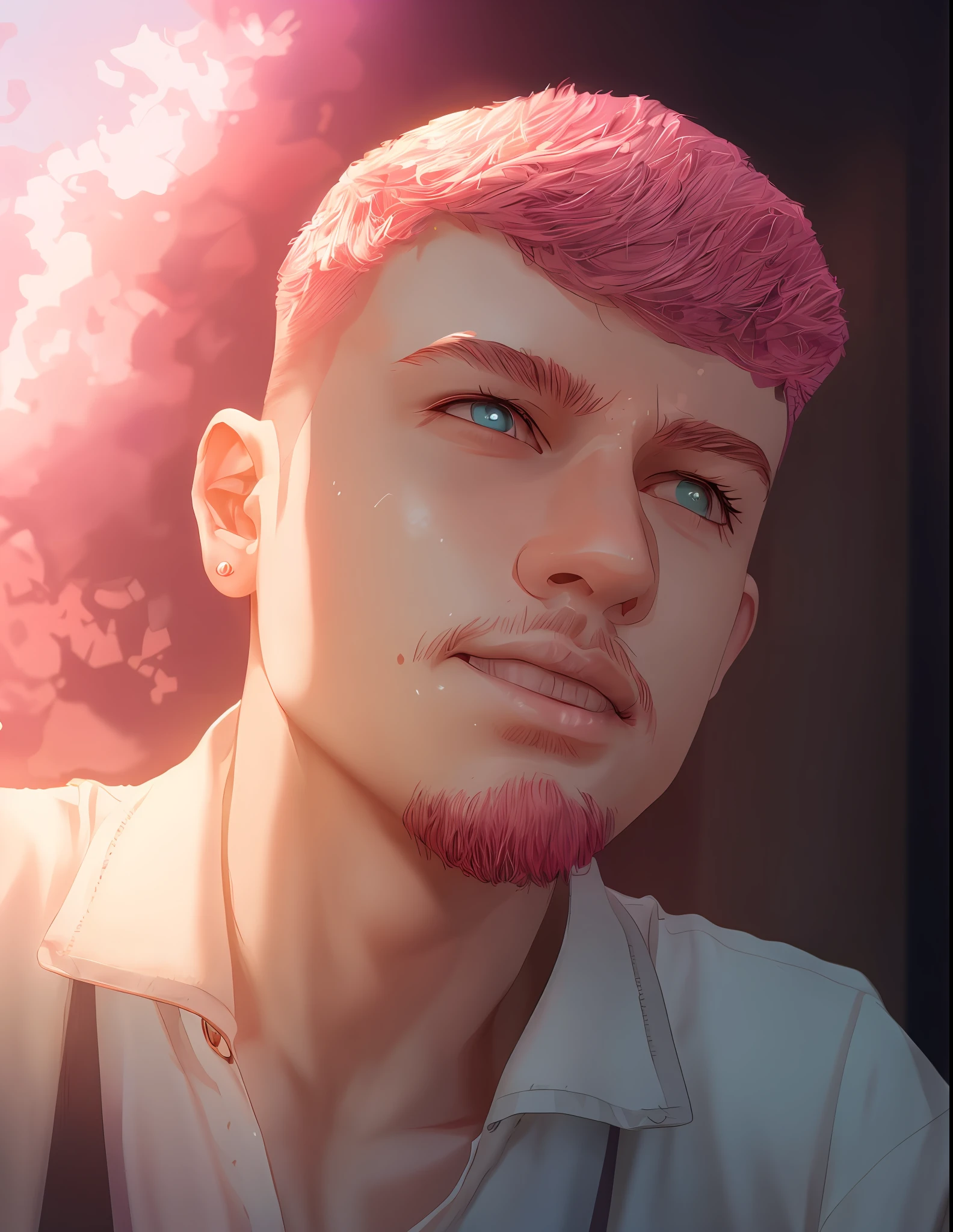 anime style, cartoon style, cute boy with short pink hair, 8k artgerm bokeh, cinematic pastel lighting, hyper-realistic cyberpunk style, anime style mixed wit h fujifilm