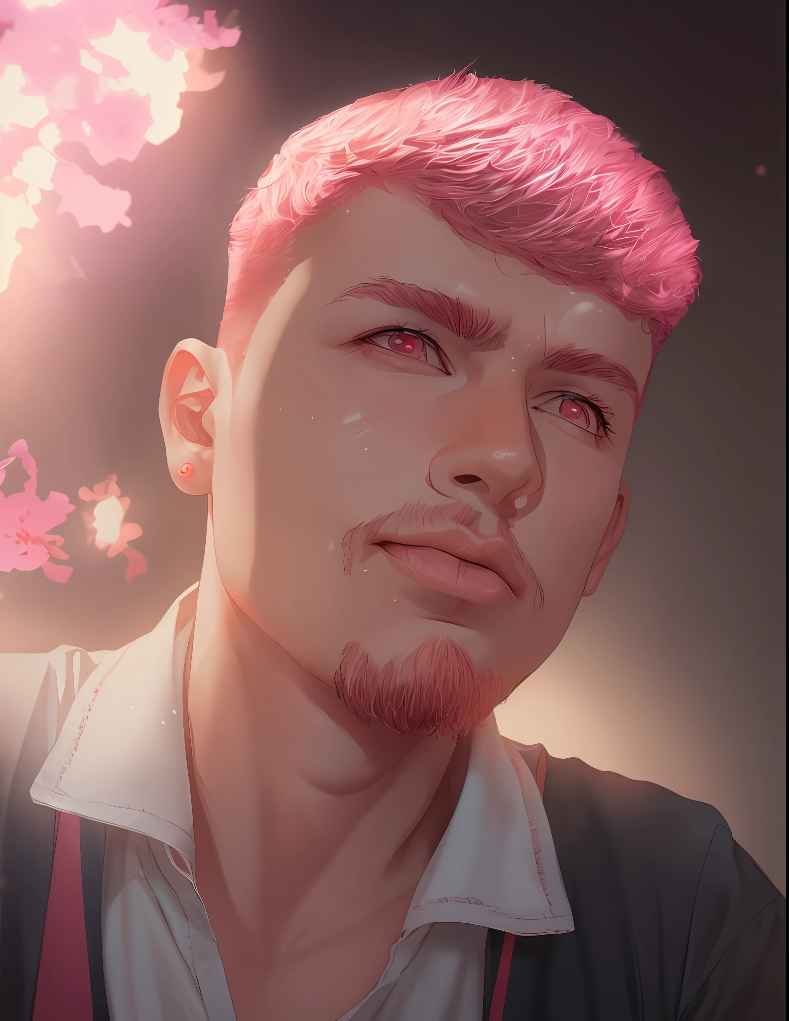 anime style, cartoon style, cute boy with short pink hair, 8k artgerm bokeh, cinematic pastel lighting, hyper-realistic cyberpunk style, anime style mixed wit h fujifilm