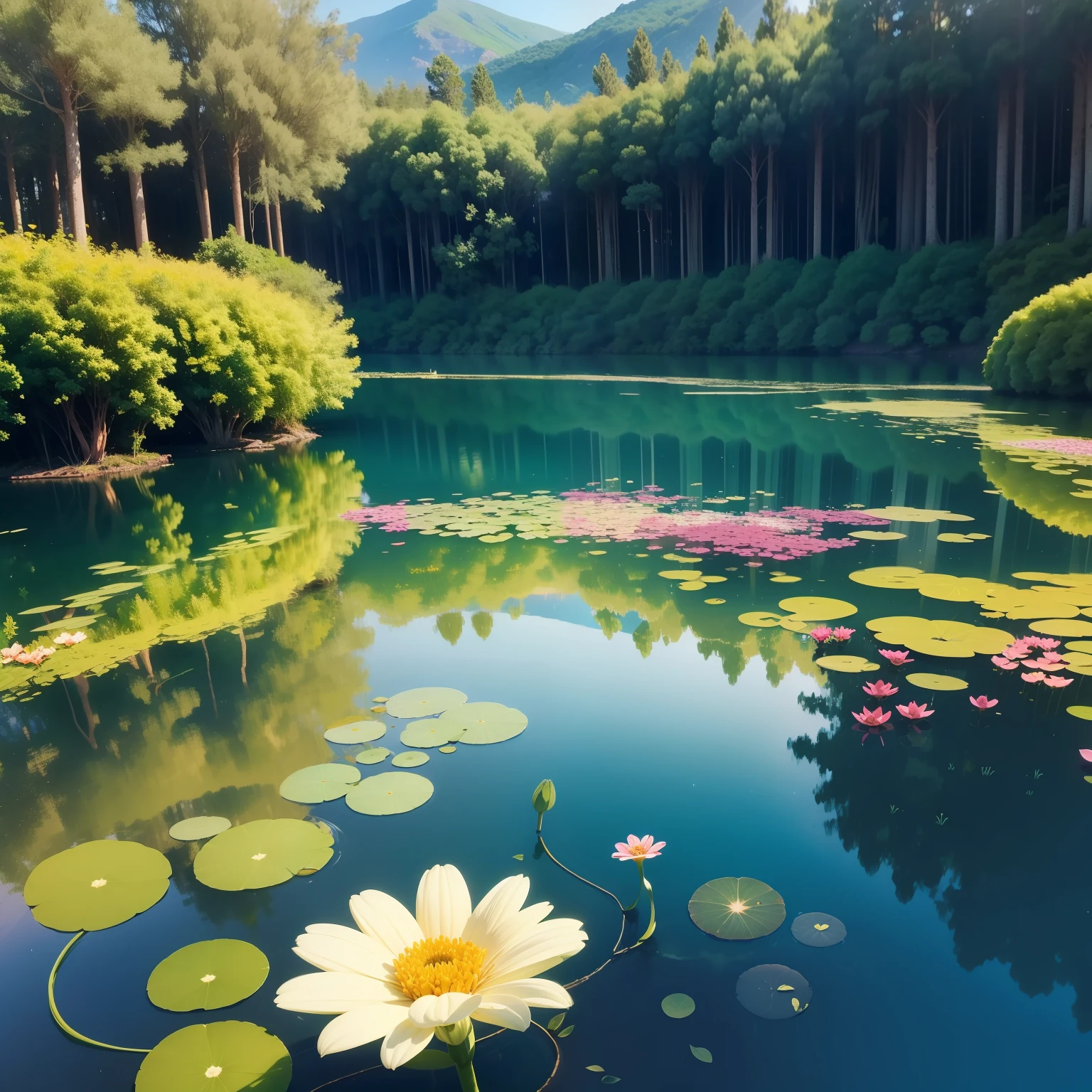 para um livro infantil, lago cristalino, cercado por plantas exuberantes e flores multicoloridas. The waters seemed to reflect the stars in the sky, como se fosse um espelho para o universo.