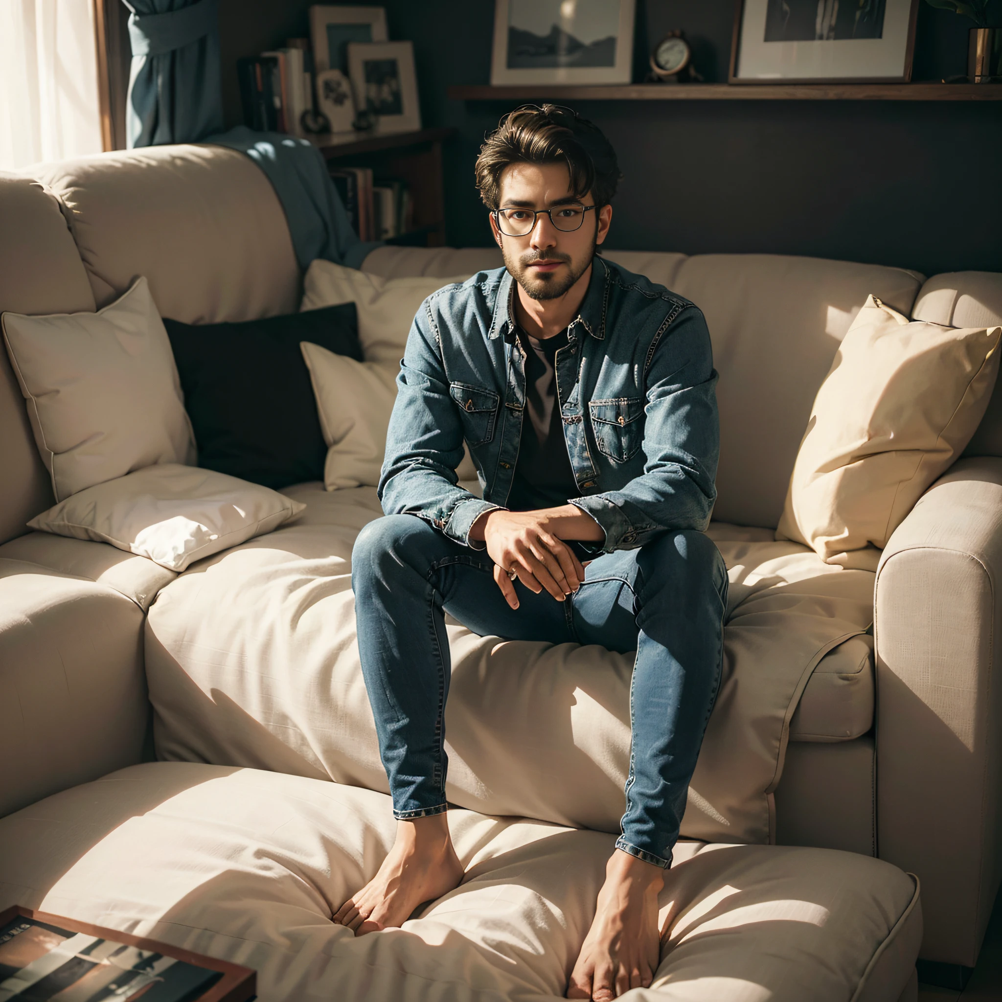 Best quality, masterpiece, ultra high res, (photorealistic:1.4), raw photo, one realistic confident and calm looking handsome matured arafed man in tees,long jeans with glasses staring directly into the camera, sitting on sofa professional look with crossed leg, folded legs, in well tidy modern room , little dark themed