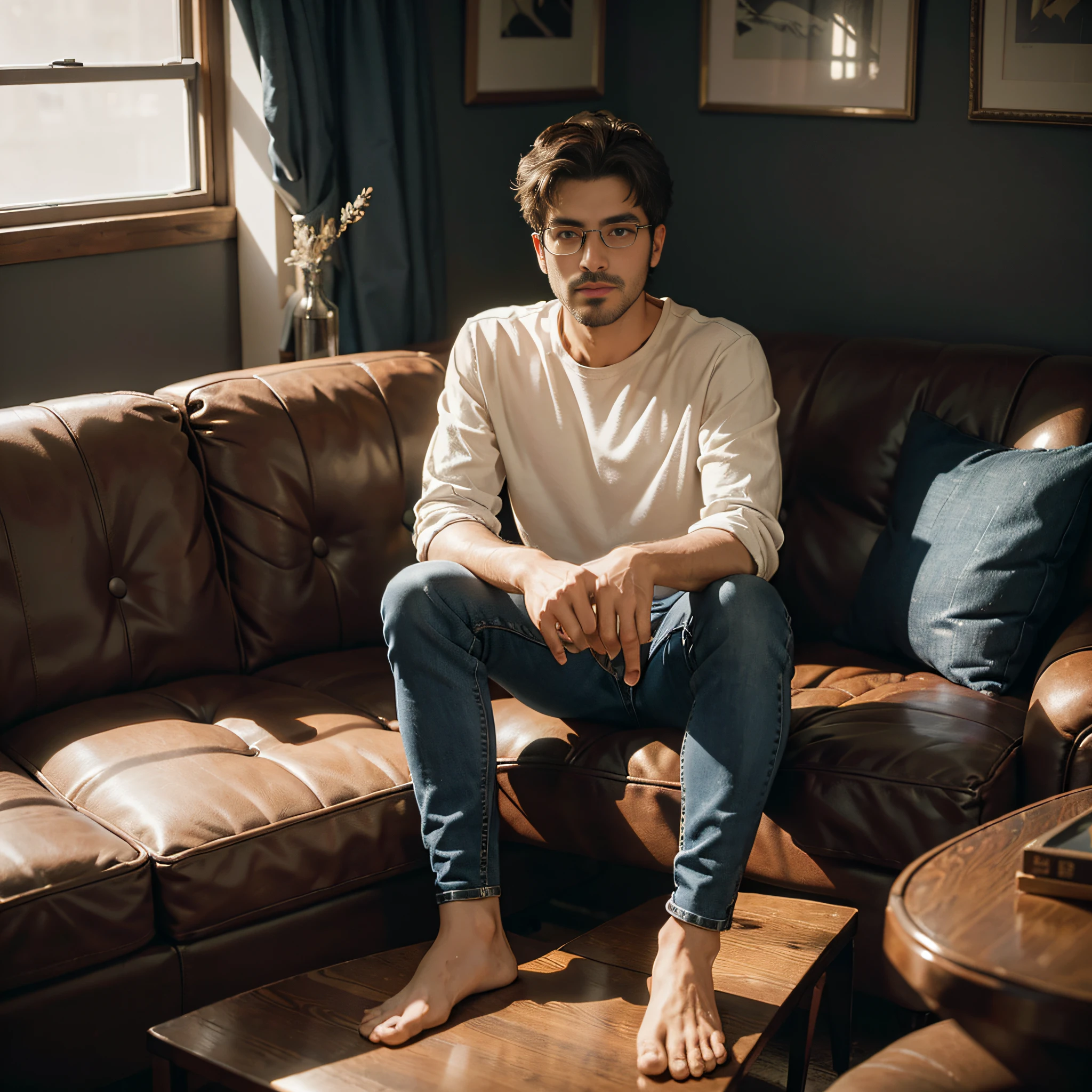Best quality, masterpiece, ultra high res, (photorealistic:1.4), raw photo, one realistic confident and calm looking handsome matured arafed man in tees,long jeans with glasses staring directly into the camera, sitting on sofa professional look with crossed leg, folded legs, in well tidy modern room , little dark themed