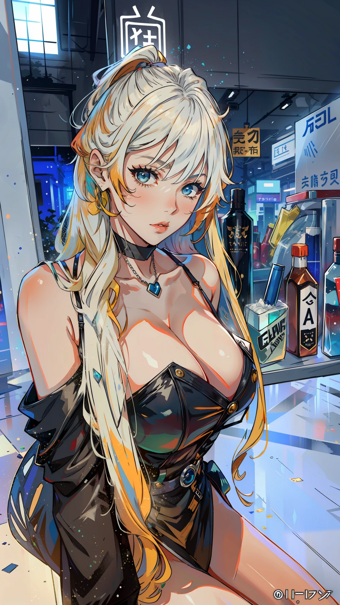 woman,gigantic cleavage breasts,Black gel coat,Sunglasses on the head