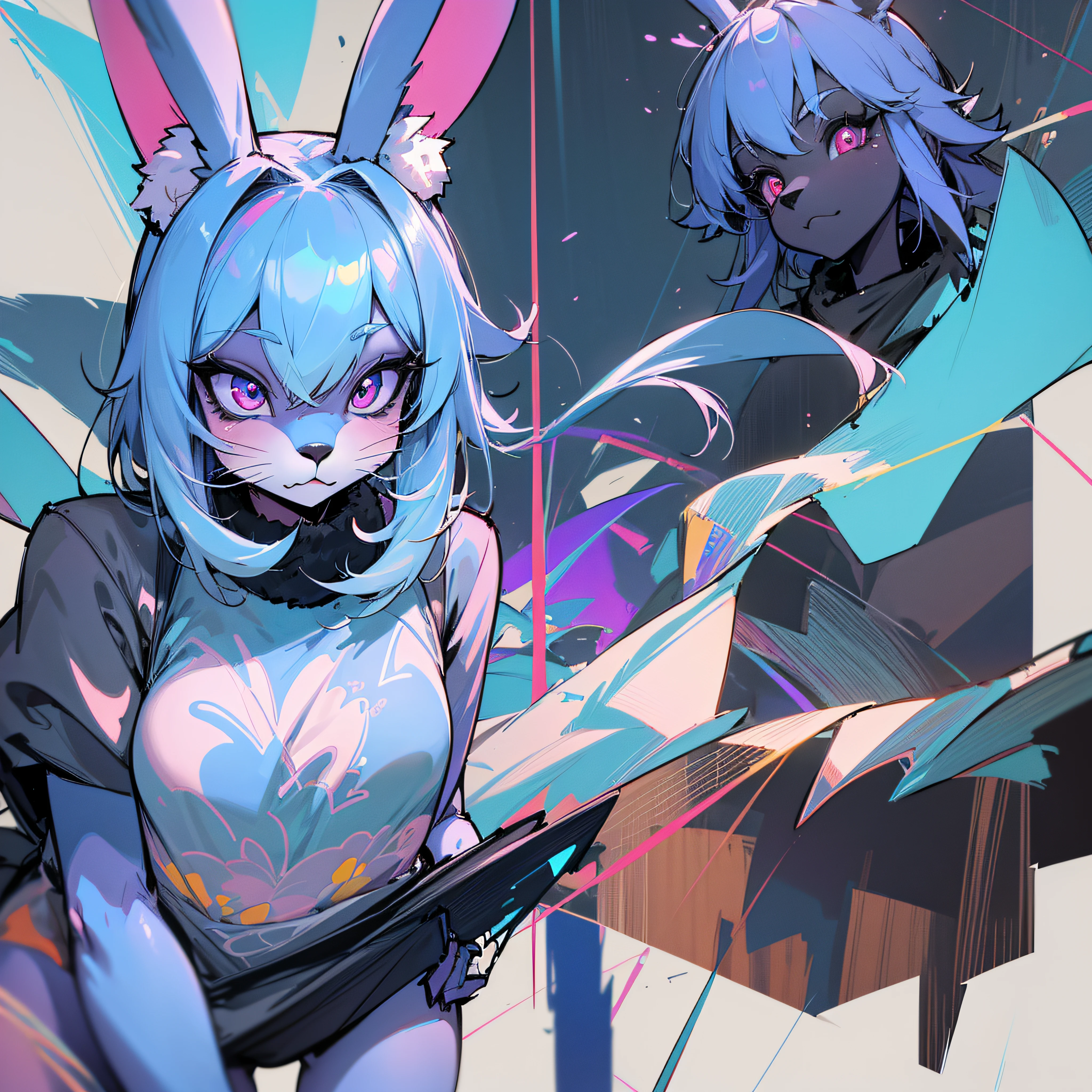 a embarrassed humiliated defeated (((blue))) (((anthro))) (((furry))) ((kemono)) (((rabbit))), (((furry kemono))) azure blue bunny (rabbit), (blue-pelted anthropomorphic bunny rabbit), with glowing eyes, anthro portrait, (furry rabbit body), anthro bunny body covered in fur, rabbit is taking to lavatory, looking away, standing, embarrassed, blush, Keep one's mouth shut, street ((girl is peeing self)) (masterpiece, highres, ultra detailed), full body, panties, standing, looking at viewer, (dress lift up), (hands on dress), lifted by self, fuzzy belly, from below, cowboy shot, clothes lift, (bra), head-on portrait, nightmarish illustration, glowing eyes everywhere, intense eye contact, hybrid human / anthro, electrixbunny, rabbit anthro portrait, ((portrait)), bunnypunk, weirdcore voidpunk (((fursona))), wearing bunny ears --auto --s2