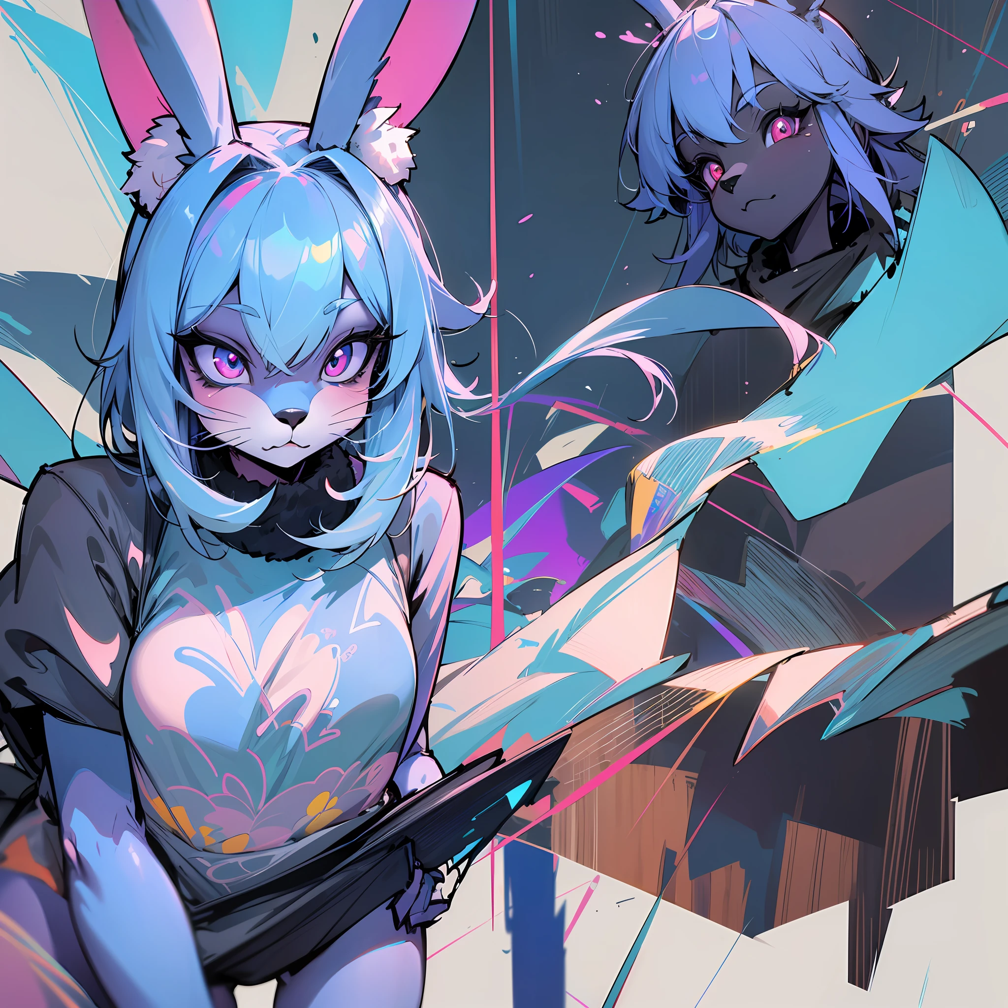 a embarrassed humiliated defeated (((blue))) (((anthro))) (((furry))) ((kemono)) (((rabbit))), (((furry kemono))) azure blue bunny (rabbit), (blue-pelted anthropomorphic bunny rabbit), with glowing eyes, anthro portrait, (furry rabbit body), anthro bunny body covered in fur, rabbit is taking to lavatory, looking away, standing, embarrassed, blush, Keep one's mouth shut, street ((girl is peeing self)) (masterpiece, highres, ultra detailed), full body, panties, standing, looking at viewer, (dress lift up), (hands on dress), lifted by self, fuzzy belly, from below, cowboy shot, clothes lift, (bra), head-on portrait, nightmarish illustration, glowing eyes everywhere, intense eye contact, hybrid human / anthro, electrixbunny, rabbit anthro portrait, ((portrait)), bunnypunk, weirdcore voidpunk (((fursona))), wearing bunny ears --auto --s2