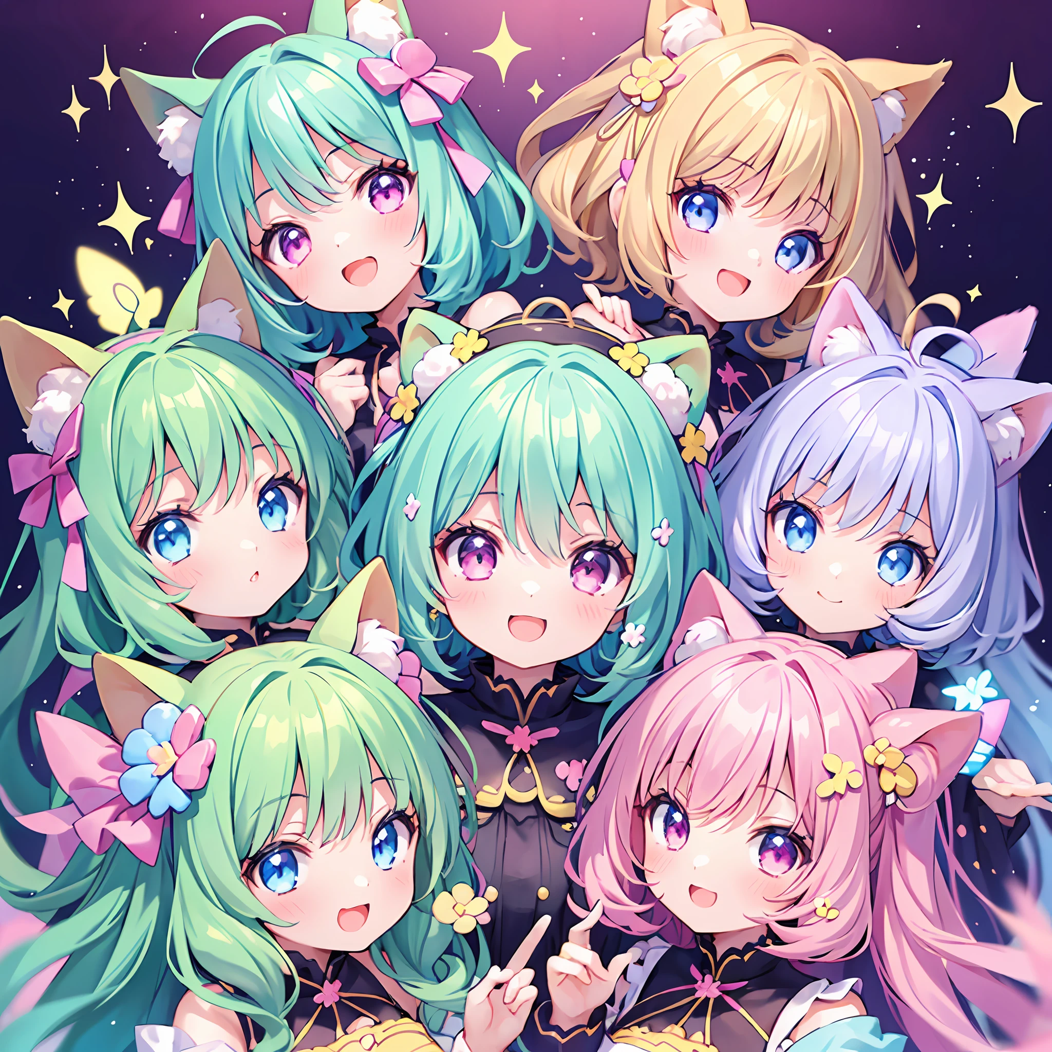masterpiece, (million 2girls and 2girls and 2girls and 2girls), idol, closeup, big eyes, kawaiitech, kawaii, cute, pastel colors, best quality, happy, deep background, symmetrical, tilted head, spring